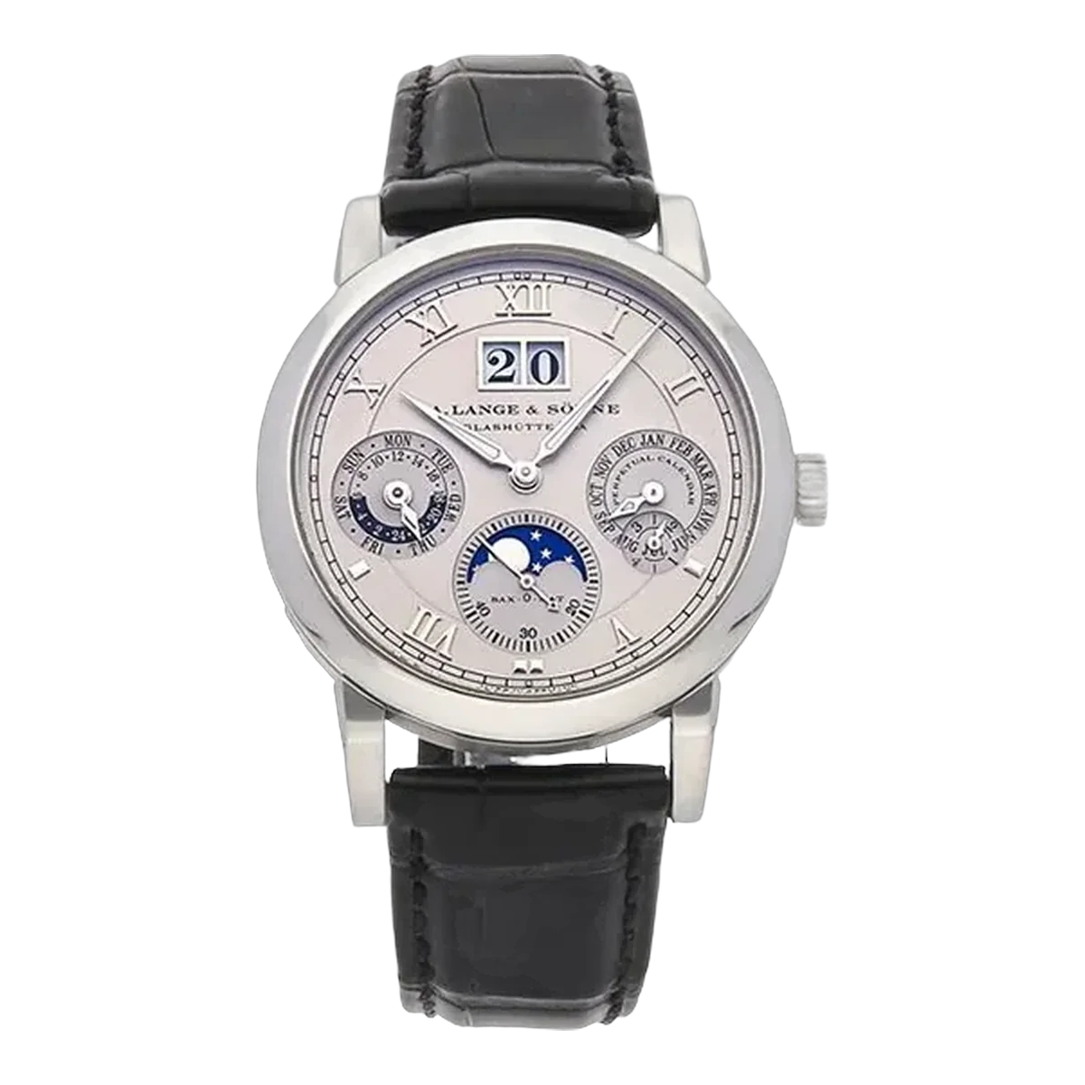 A Lange & Sohne Langematik 310.025 Silver Dial Perpetual 38.5Mm Platinum Case Black Leather Straps Unisex Watch