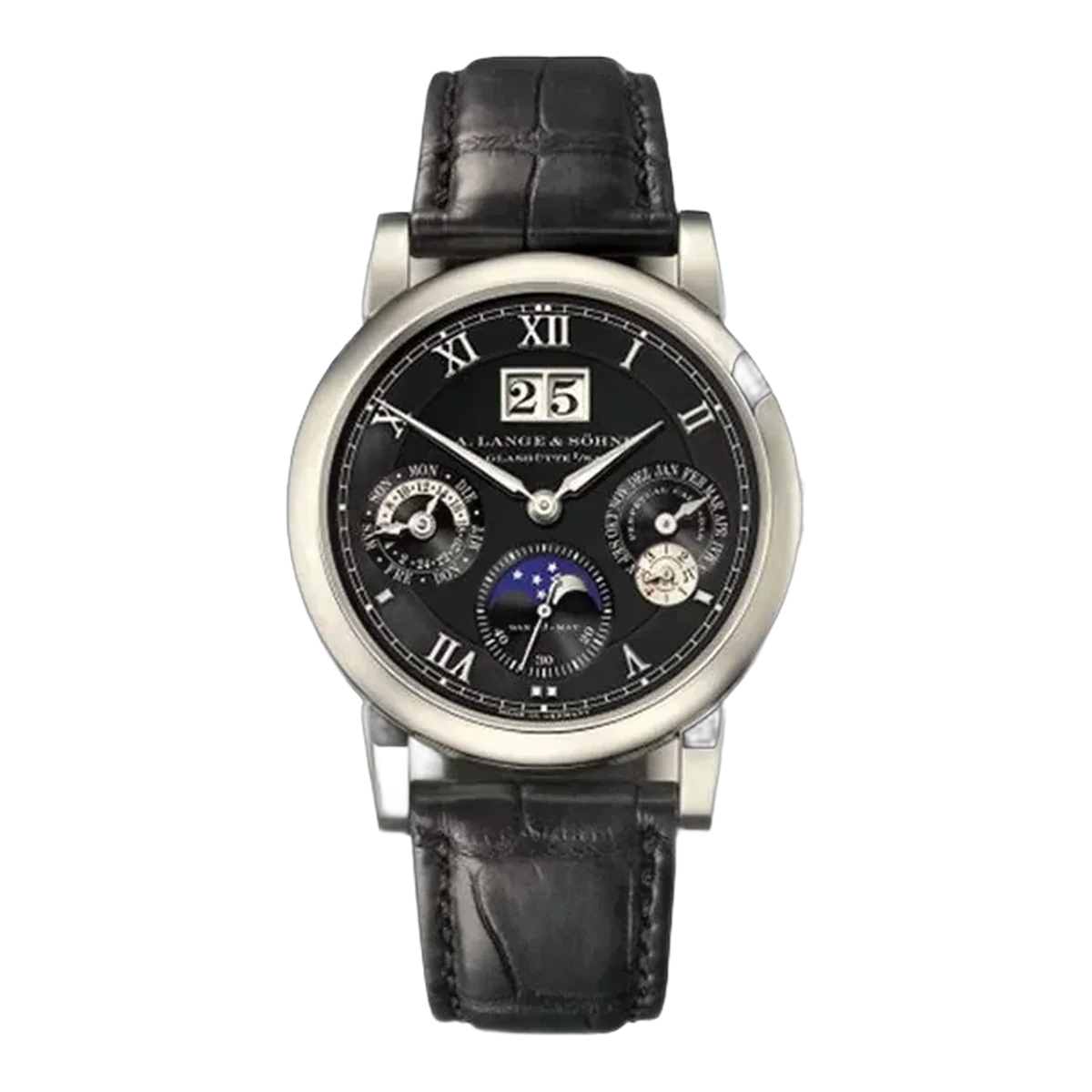A Lange & Sohne Langematik 310.026 Perpetual Calendar 38.5Mm 18Kt White Gold Black Leather Straps Unisex Watch