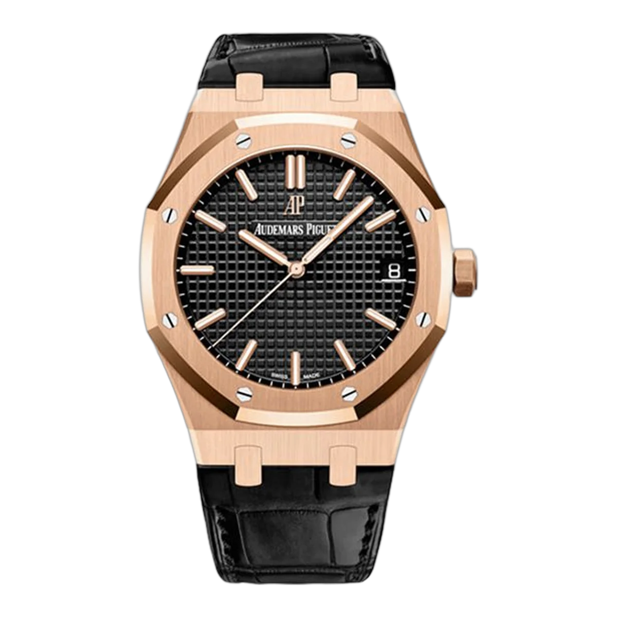 Audemars Piguet Royal Oak 15500Or.Oo.D002Cr.01 Black Dial 41Mm 18Kt Rose Gold Black Leather Strap Men's Watch