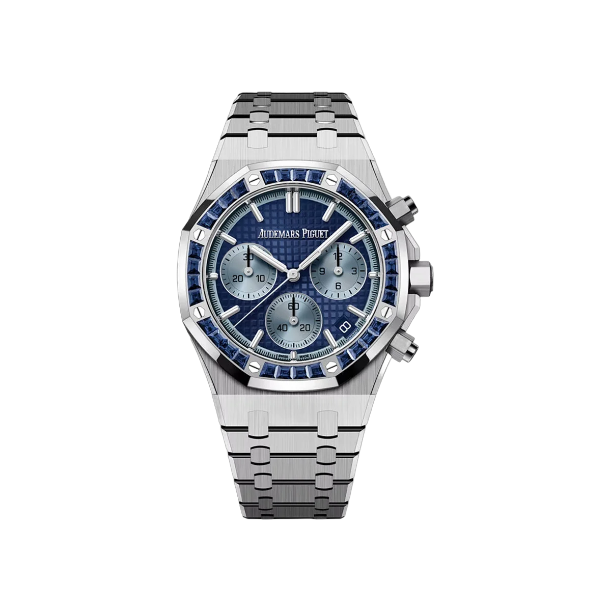 Audemars Piguet Royal Oak 26240BC.SS.1320BC.01 Herrenuhr aus Weißgold mit Saphir-Baguette-Lünette, 41 mm, blaues Zifferblatt