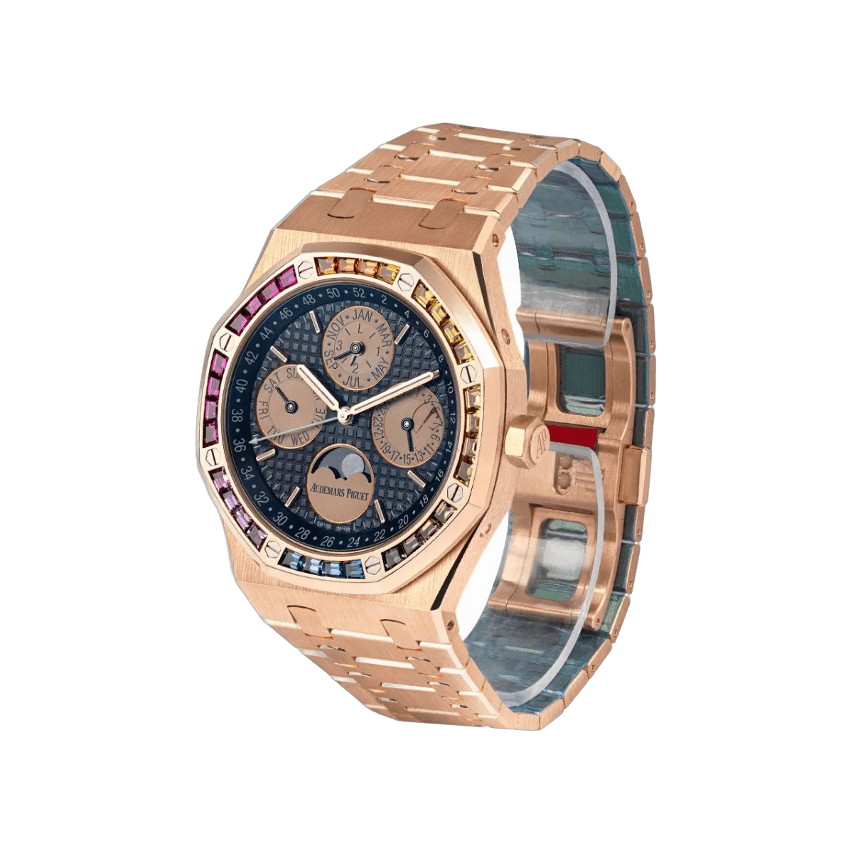 Audemars Piguet Royal Oak 26614OR.YY.1220OR.01 Perpetual Calendar Ltd Edition Rose Gold Black Dial Rainbow Bezel 41mm Men's Watch