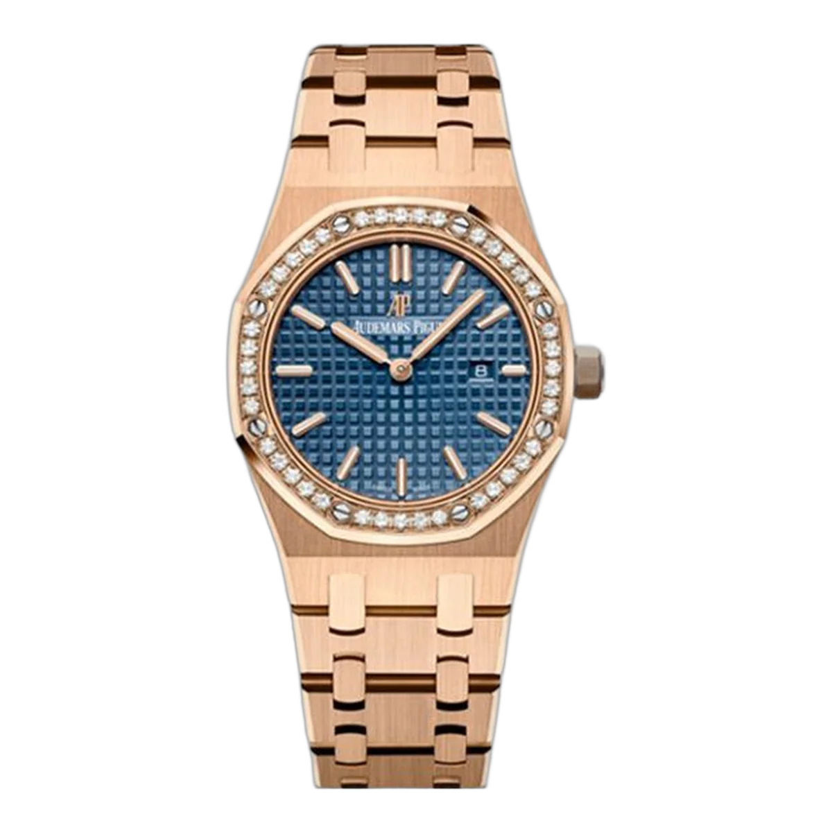 Audemars Piguet Royal Oak 67651OR.ZZ.1261OR.02 Quarz 18K Roségold Blau Indizes Diamantlünette 33mm Damenuhr