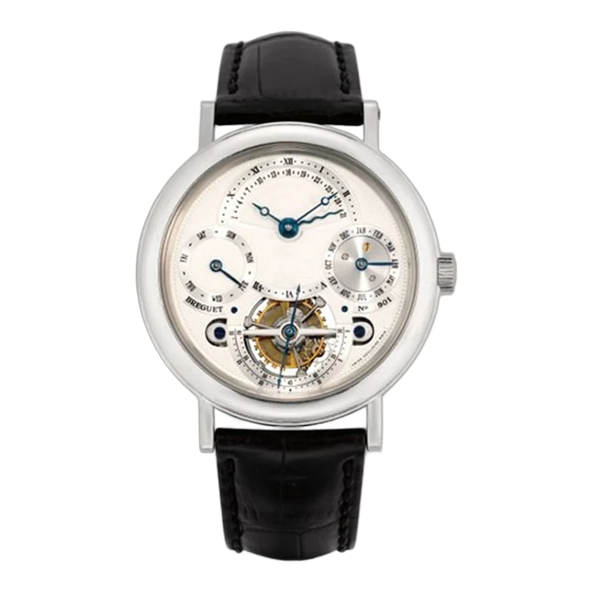 宝玑 Classique Complications 3757 银色表盘陀飞轮万年历 40 毫米铂金黑色皮表带男士手表