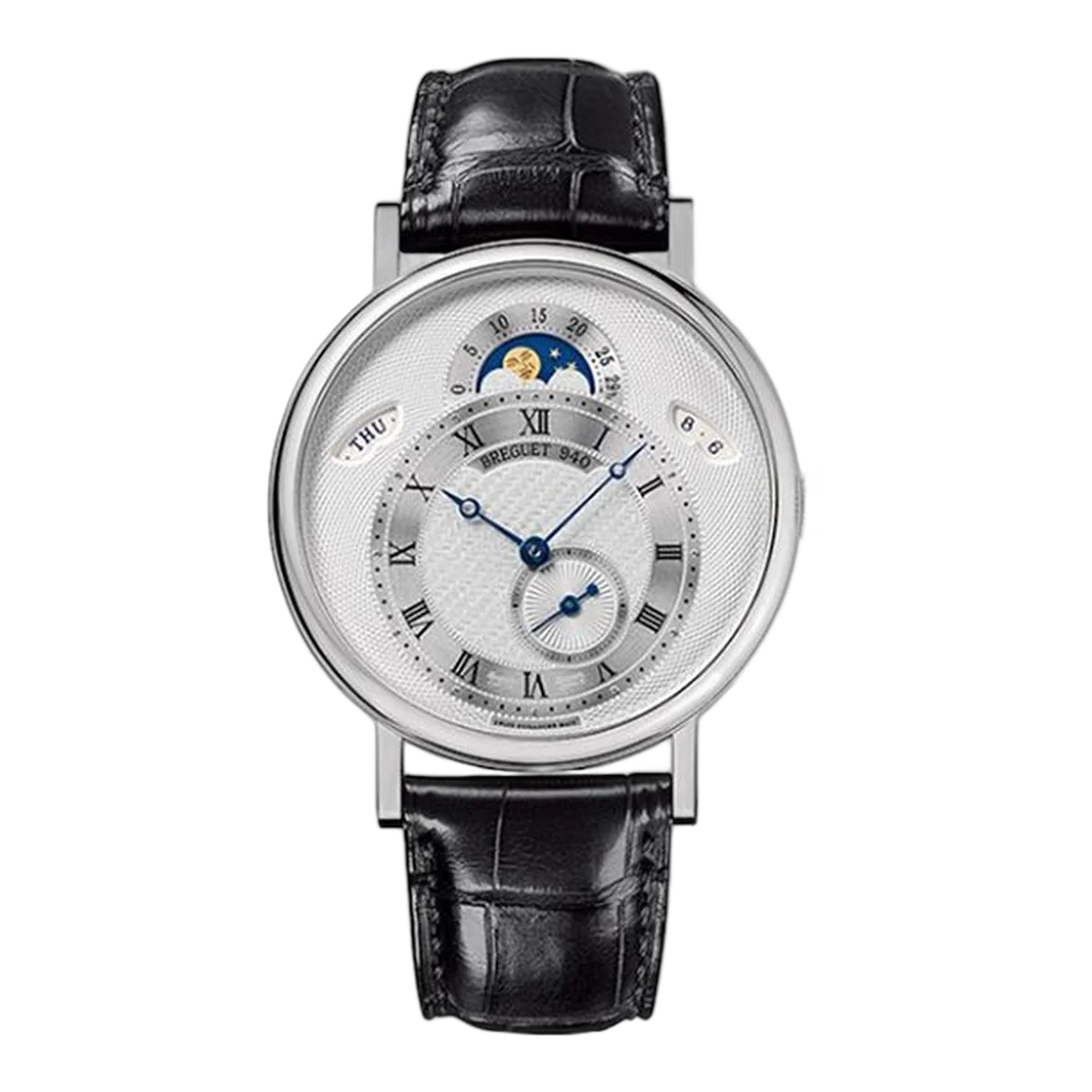 宝玑 Classique Day-Date 7337Bb/1E/9V6 银色罗马表盘月相 39 毫米 18K 白金黑色皮表带男士手表