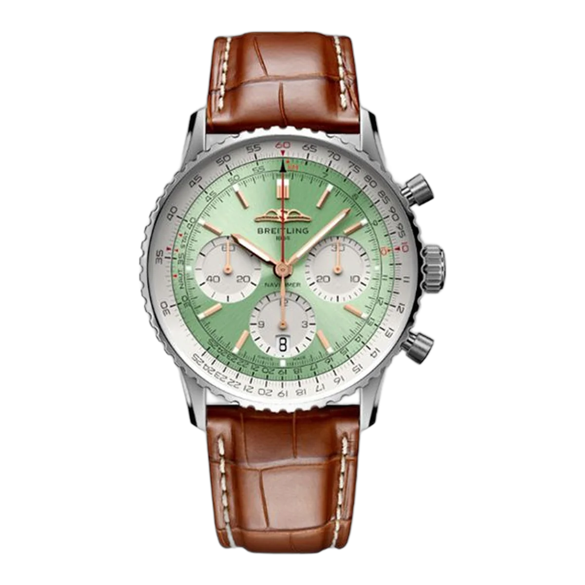 Breitling Navitimer B01 Ab0139211L1P1 Mint Green Dial Chronograph 41Mm Stainless Steel Brown Leather Straps Men's Watch
