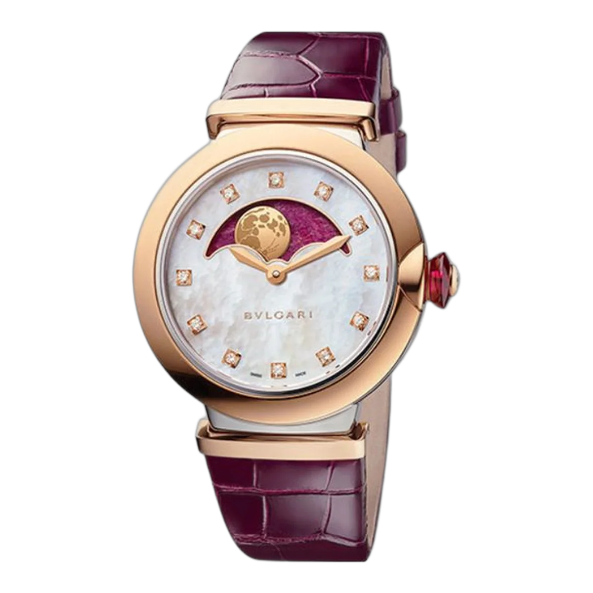 Bvlgari Lvcea 36 mm Damenuhr aus Edelstahl mit herzförmigem Zifferblatt aus Rubin