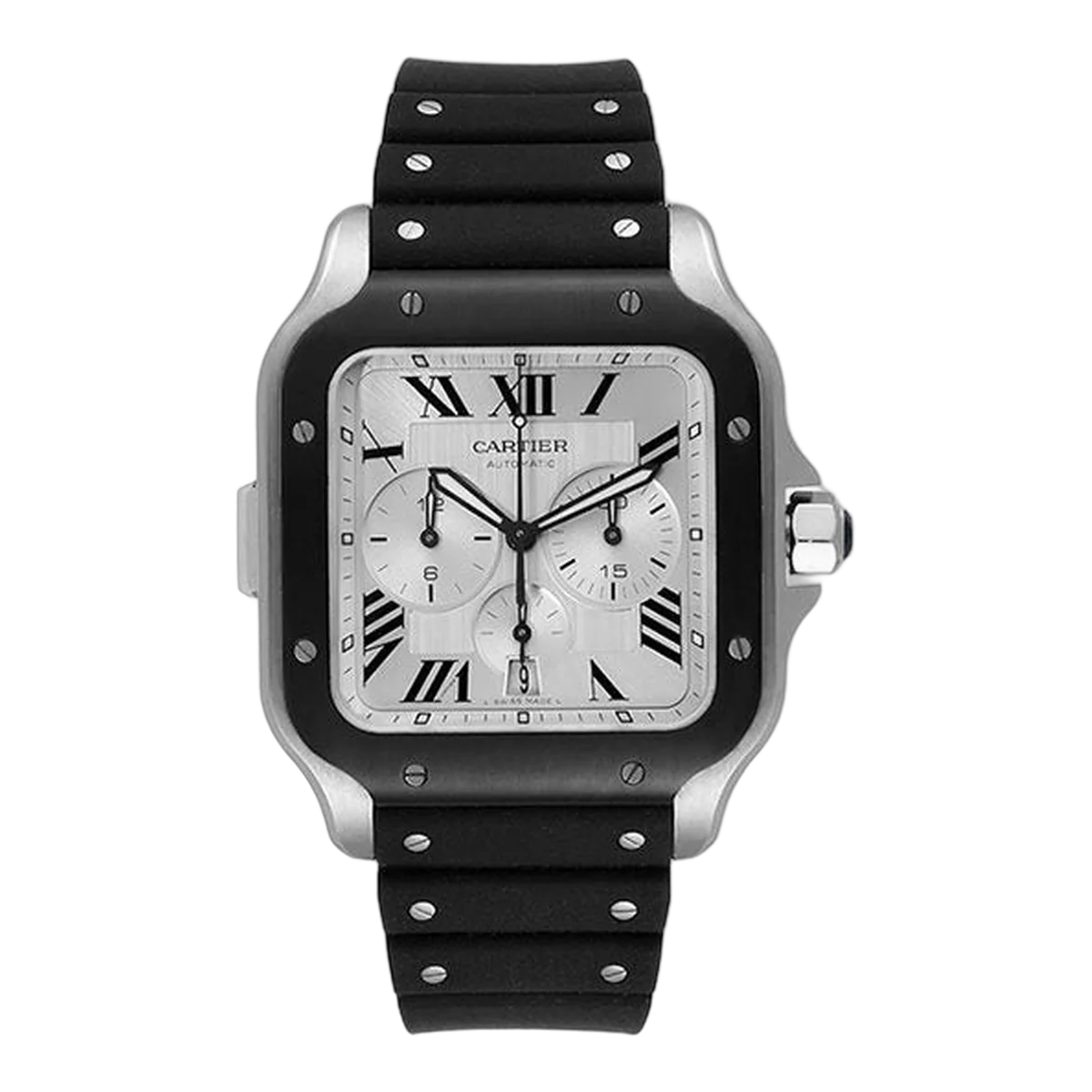 Cartier Santos 100 Xl Chronograph Wssa0017 White Roman Dial 43.3Mm Steel Rubber Men's Watch