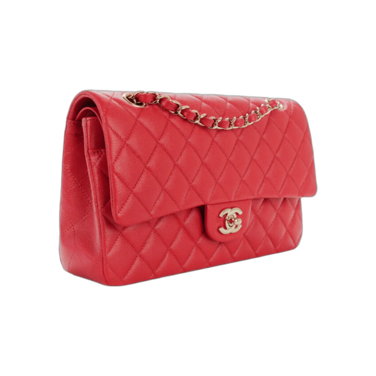Chanel 经典红色鱼子酱绗缝中号双翻盖金色 HW 手提包