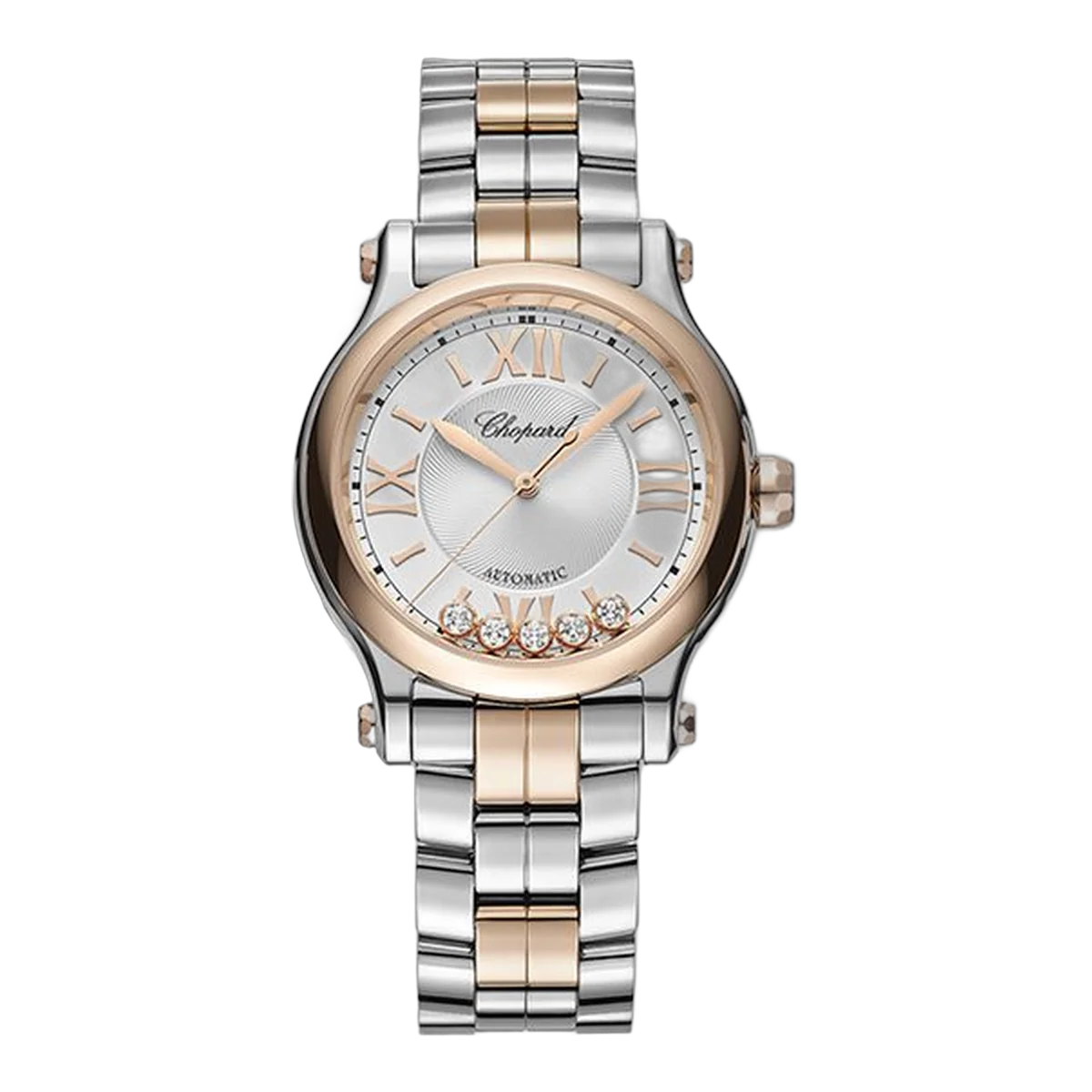 Chopard Happy Sport 278608-6002 White Roman With 5 Floating Diamonds 33Mm 18K Rose Gold And Steel Ladies Watch