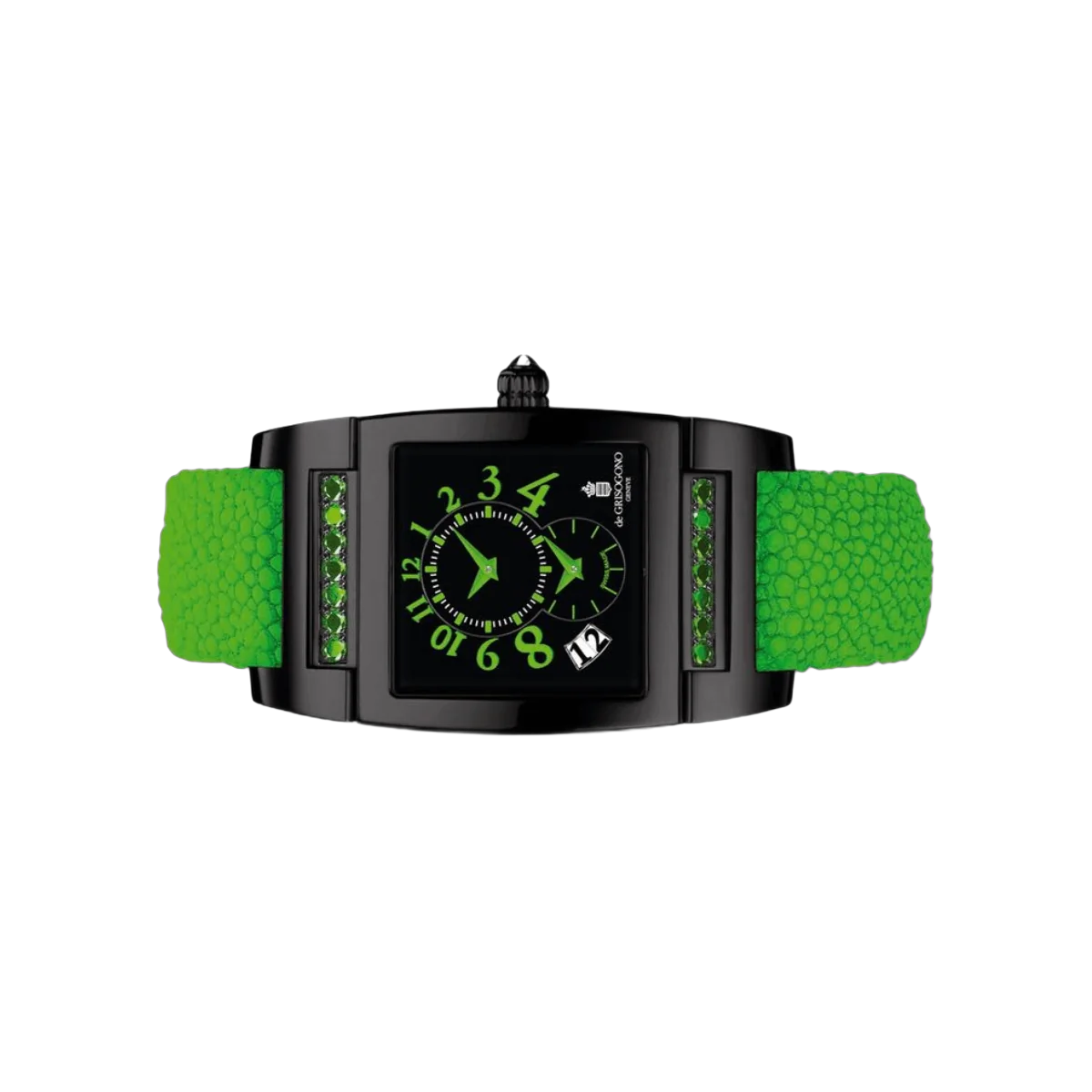 De Grisogono Instrument UNO DFN 28/A Dual Time Automatic Diamonds On Green Galuchat Strap Black Dial