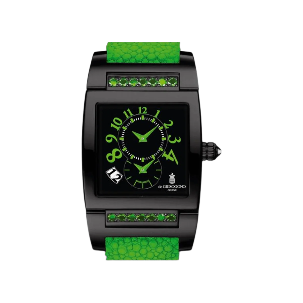 De Grisogono Instrument UNO DFN 28/A Dual Time Automatic Diamonds On Green Galuchat Strap Black Dial