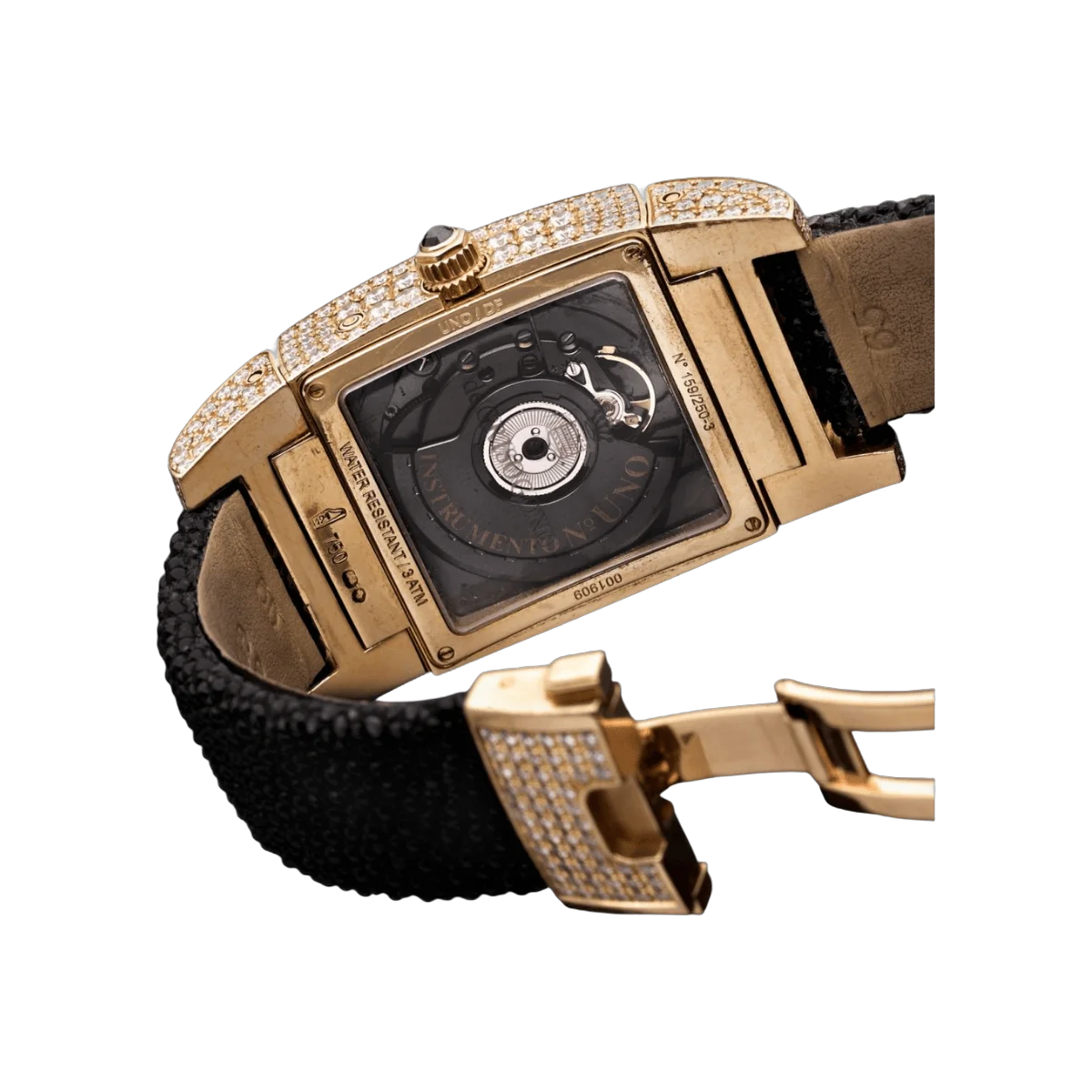 De Grisogono Instrumento UNO DF 6064 Automatic Rose Gold Diamond Bezel Galuchat Strap Black Diamond Dial