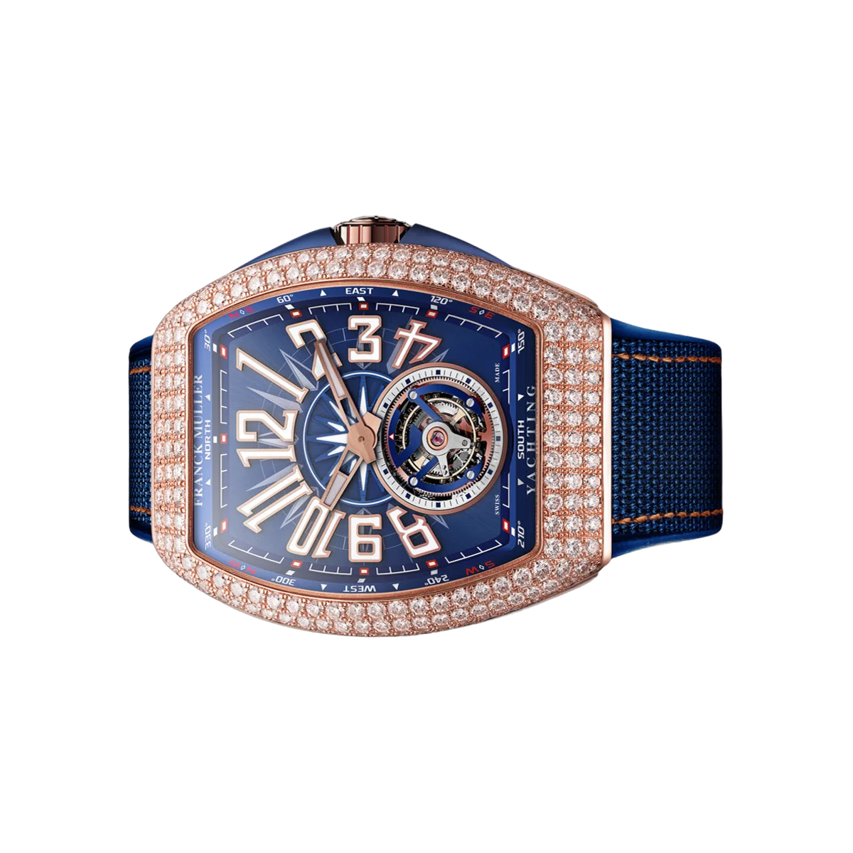 Franck Muller Vanguard Yachting V 45 T YACHT D 5N BL 5N Tourbillon Roségold 45mm Diamanten Lünette Blaues Zifferblatt Herrenuhr