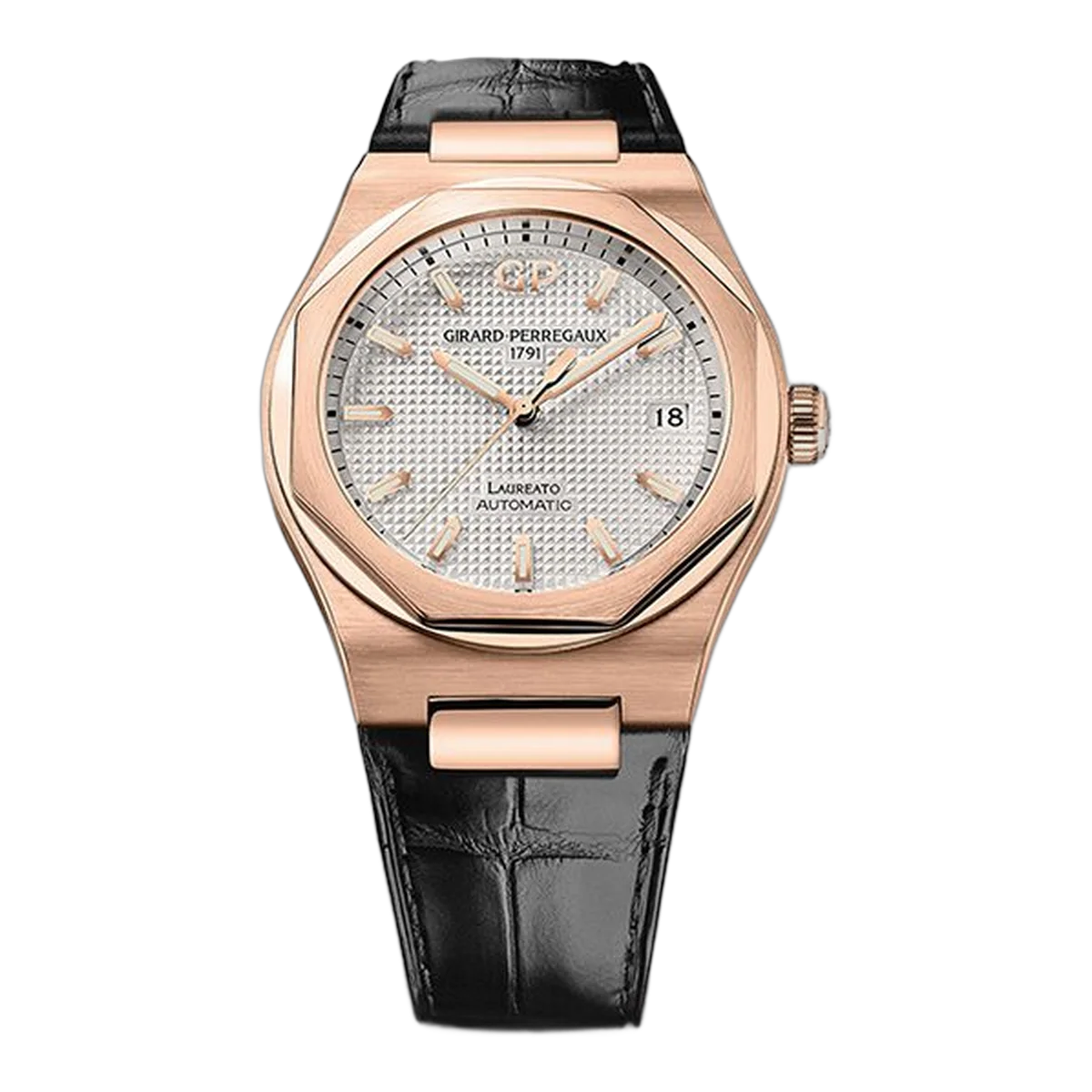 芝柏 Laureato 81005-52-132-Bb6A 银色表盘自动 38 毫米 18K 玫瑰金黑色皮表带手表 81005-52-132-Bb6A