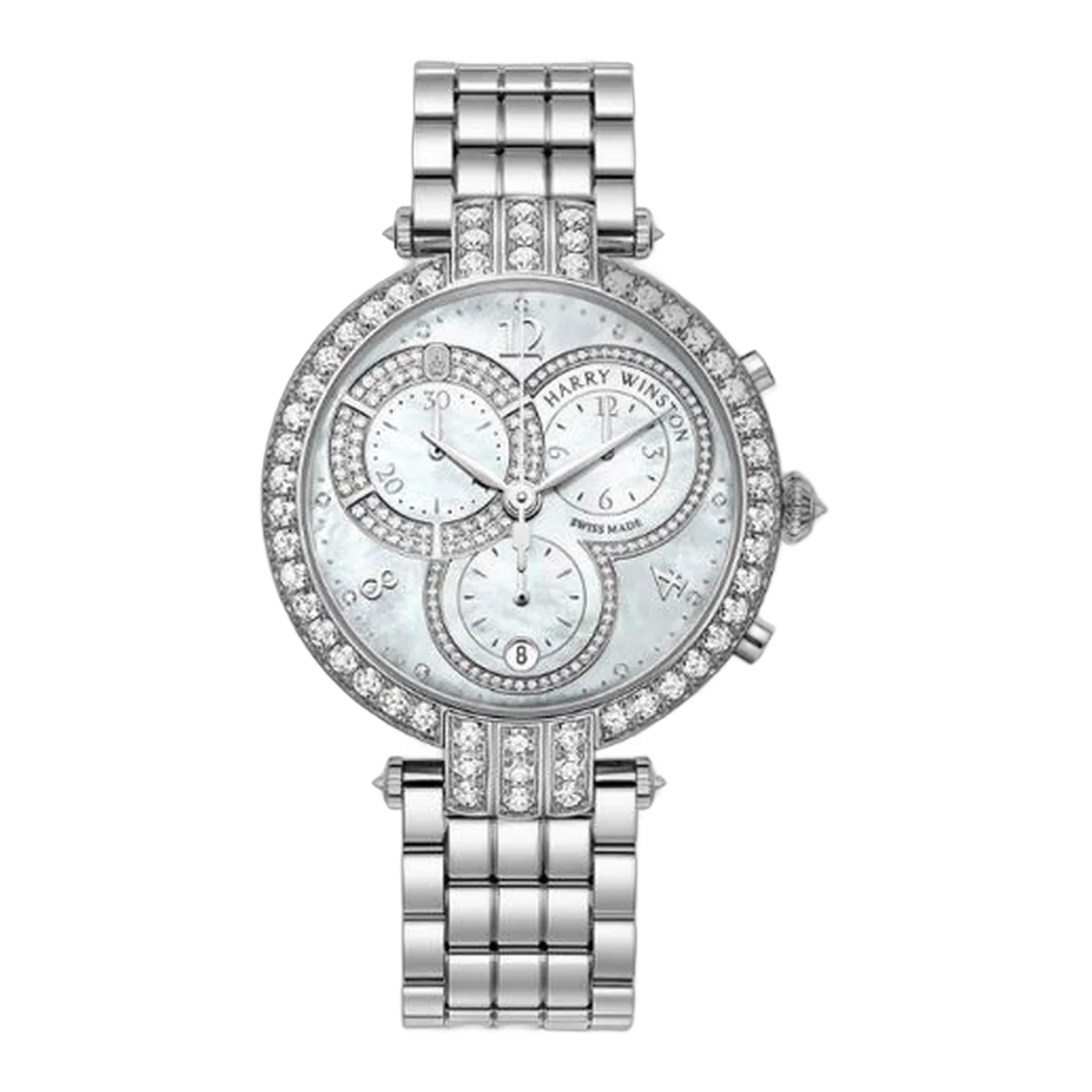 Harry Winston Premier Chronograph Zeitanzeiger Weißes Licht Perlmutt teilweise besetztes Zifferblatt