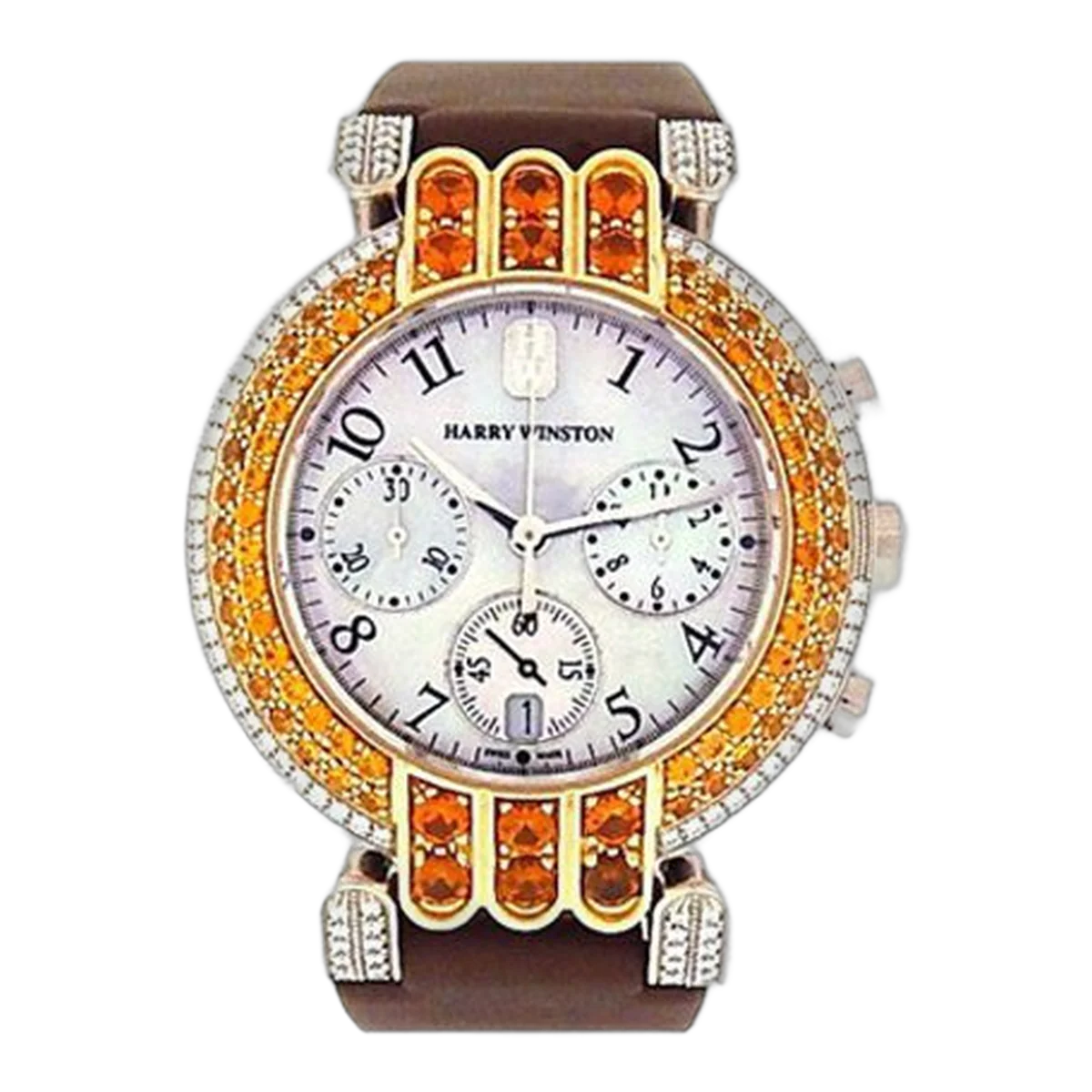 Harry Winston Premier Chronograph White Gold Diamond & Orange Stones Bezel Ladies Watch