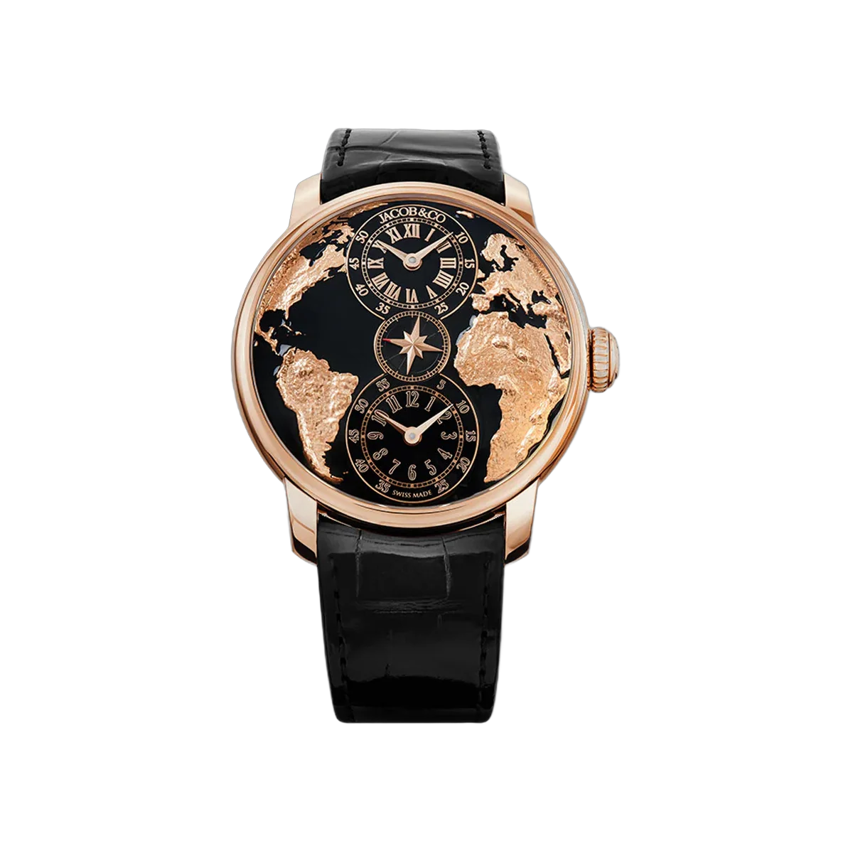 Jacob & Co. The World Is Yours Dual Time Zone DT100.40.AA.AB.A ساعة رجالية 43 ملم من الذهب الوردي بمينا أسود