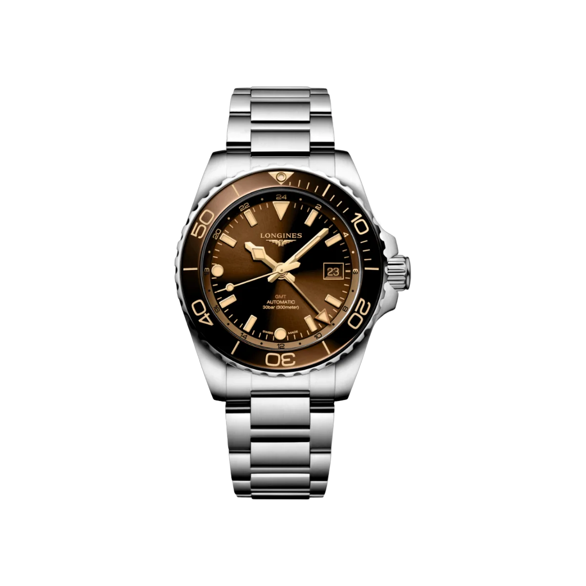 Longines Hydroconquest GMT L37904666 ساعة رجالية أوتوماتيكية من الستانلس ستيل، مينا بنية، مقاس 41 ملم