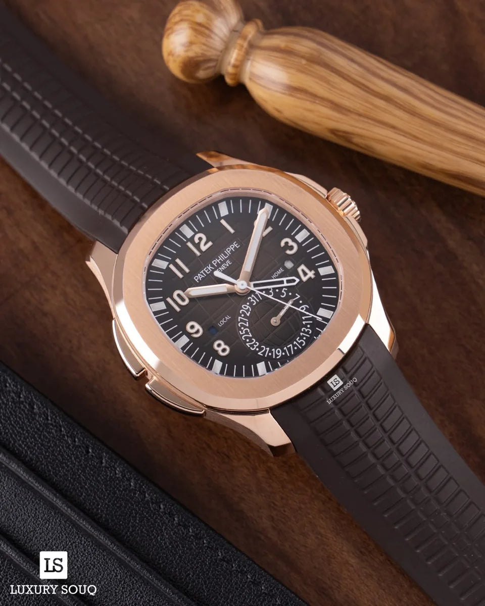 百达翡丽 Aquanaut 5164R-001 棕色表盘 旅行时间 40.8 毫米 18K 玫瑰金 棕色橡胶表带