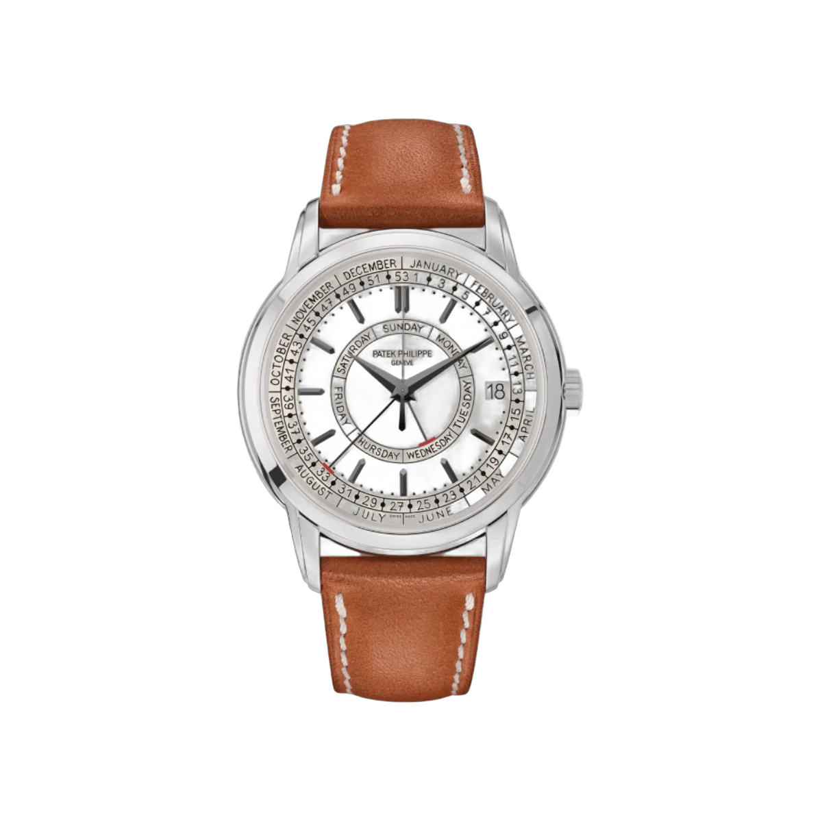 ساعة باتيك فيليب كالاترافا 5212A-001 للرجال بمينا فضي أوبالين وحزام جلدي 40 ملم ومينا فضي