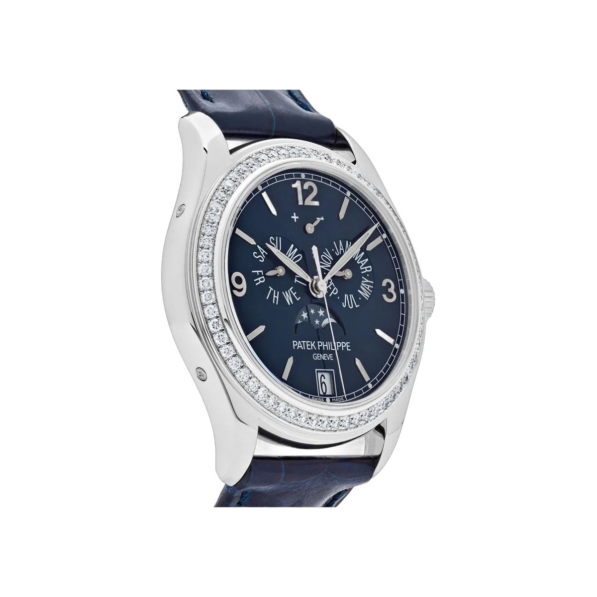 Patek Philippe Complications 5147G-001 Diamantlünette Jahreskalender Mondphasen 39mm Blaues Zifferblatt Herrenuhr