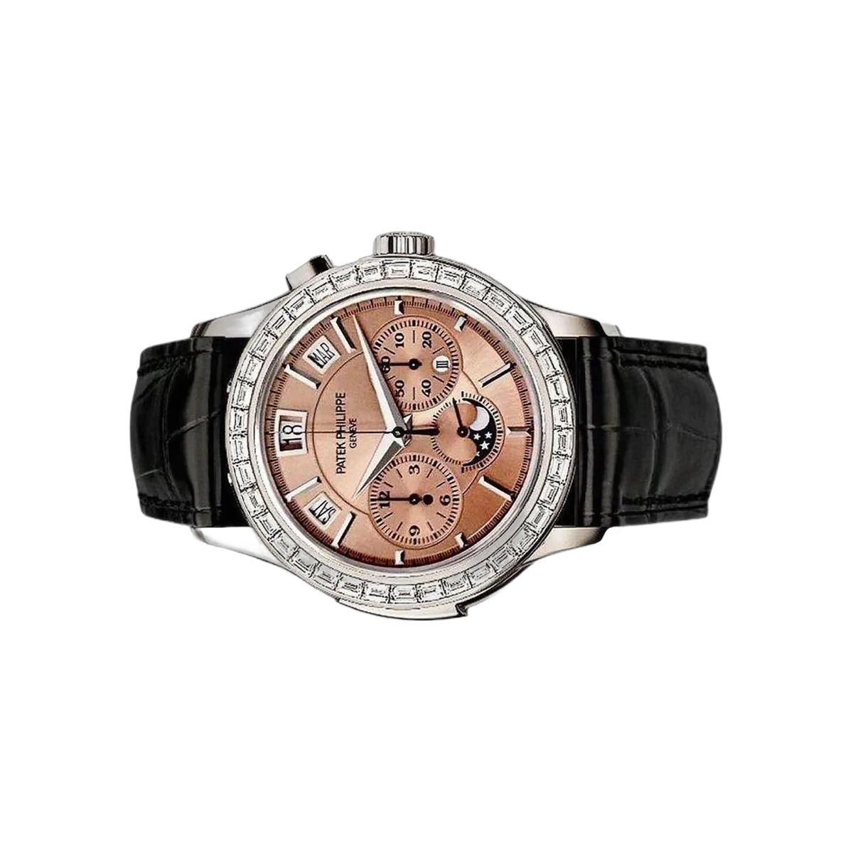 百达翡丽 Grand Complications 5208-300P 铂金月相镶钻表圈 42 毫米三文鱼表盘男士手表