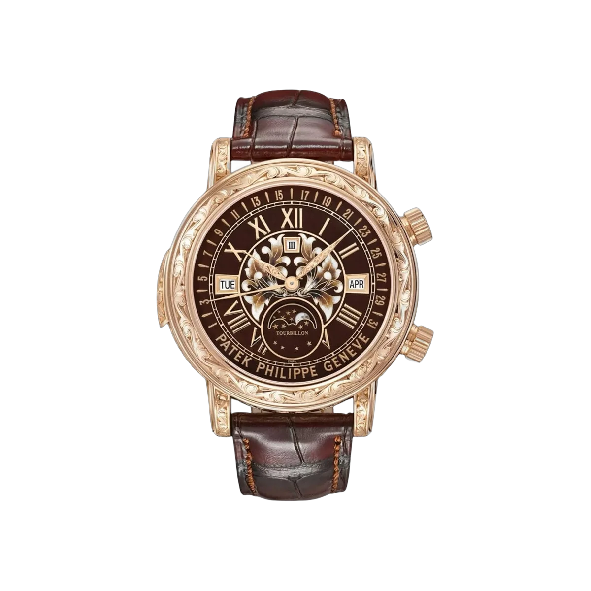 Patek Philippe Grand Complications 6002R-001 Sky Moon Tourbillon Rose Gold 44mm Grand Feu Champlevé and Cloisonné Brown Enamel Dial Men's Watch
