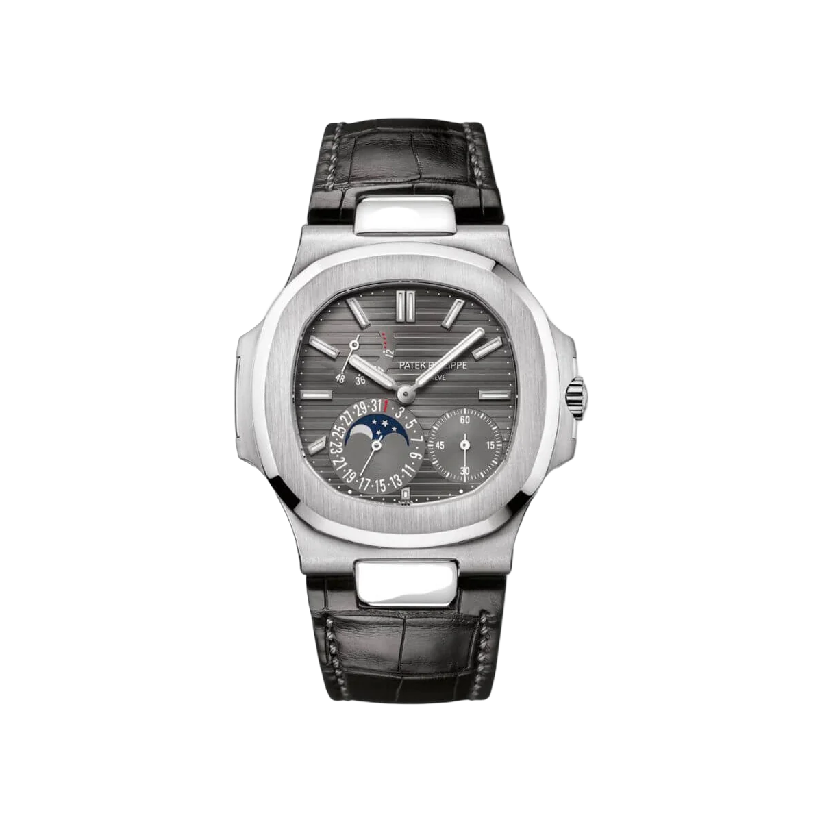باتيك فيليب نوتيلوس 5712G-001، مؤشرات رمادية Slate Gray، مراحل القمر، ذهب أبيض عيار 18 قيراط، أحزمة جلدية سوداء غير لامعة.