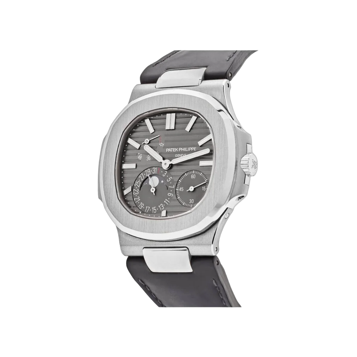 باتيك فيليب نوتيلوس 5712G-001، مؤشرات رمادية Slate Gray، مراحل القمر، ذهب أبيض عيار 18 قيراط، أحزمة جلدية سوداء غير لامعة.