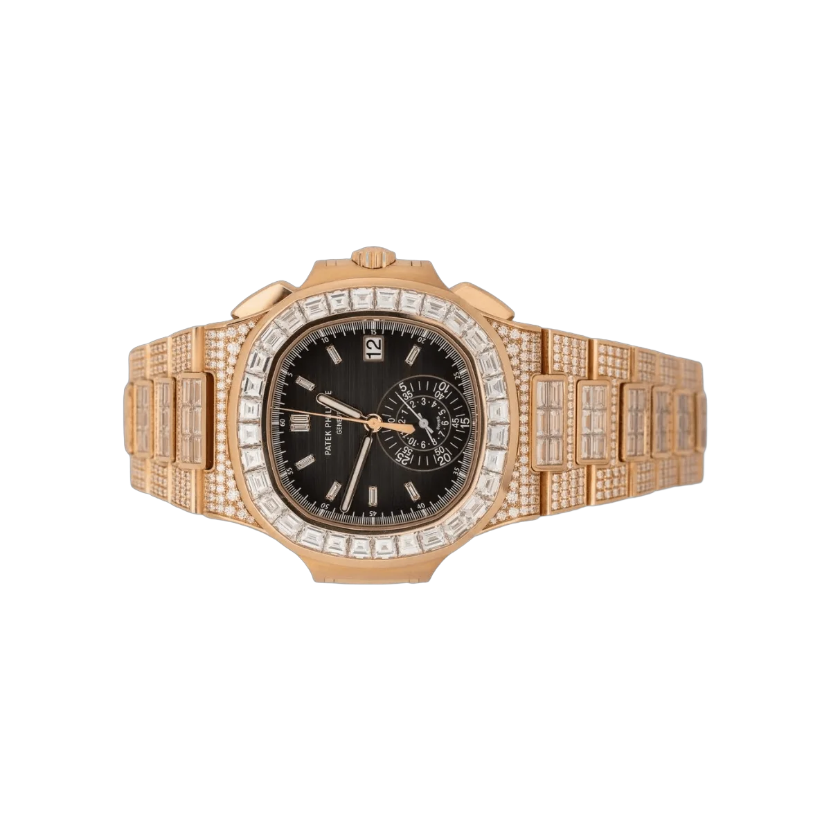 ساعة يد رجالية Patek Philippe Nautilus 5980/1400R-011 من الذهب الوردي عيار 18 قيراط مرصعة بالكامل بالألماس، كرونوغراف، تاريخ، مرصعة بأحجار باغيت، بقرص أسود مقاس 40 مم