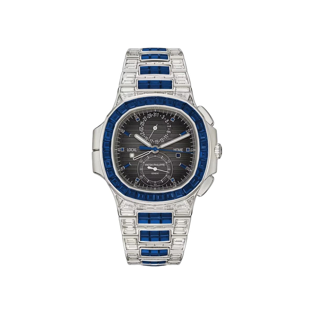 Patek Philippe Nautilus 5990/1421G-001 Travel Time White Gold Baguette Diamonds Blue Sapphires 40.5mm Black Gradated Dial Men's Watch