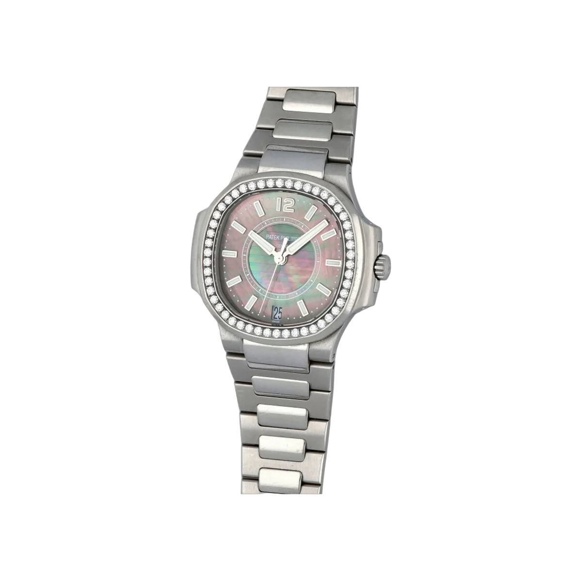 Patek Philippe Nautilus 7008/1A-012 Edelstahl Diamantbesetzte Lünette 33,6 mm Tahitianisches Perlmutt Zifferblatt Damenuhr