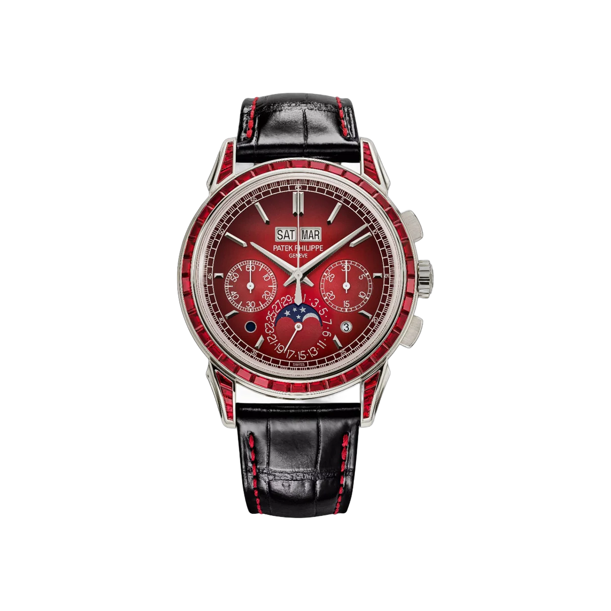 Patek Philippe Perpetual Calendar 5271/12P-010 Platinum Ruby Baguette Diamond Bezel 41mm Red Dial Men's Watch