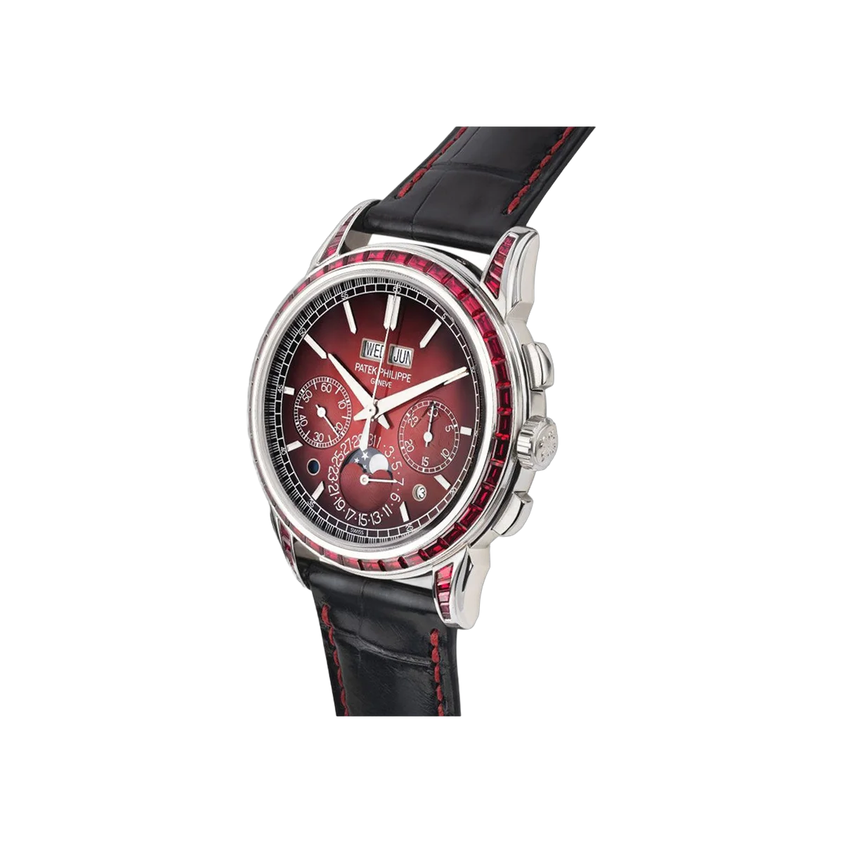 Patek Philippe Perpetual Calendar 5271/12P-010 Platinum Ruby Baguette Diamond Bezel 41mm Red Dial Men's Watch