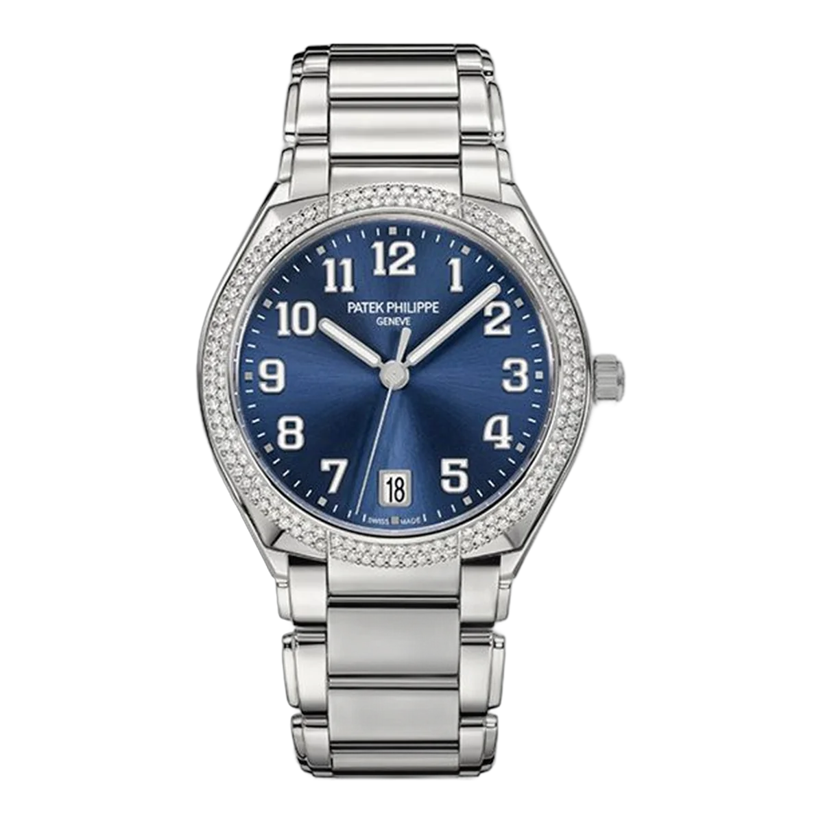 ساعة باتيك فيليب توينتي~4 7300/1200A-001 نسائية 36 ملم من الفولاذ المقاوم للصدأ بقرص أزرق متوهج وإطار مرصع بالألماس