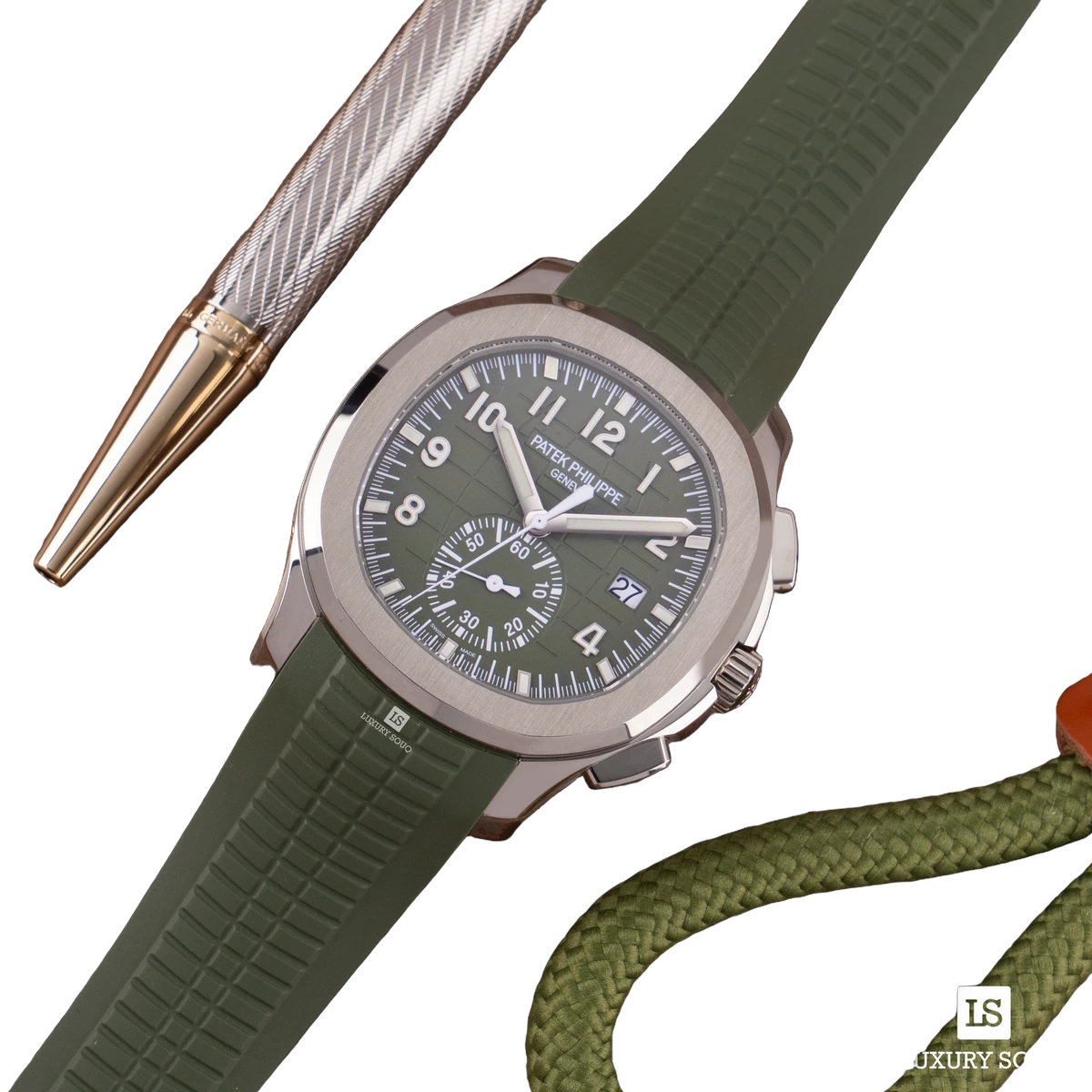 Patek Philippe Aquanaut 5968G-010 Khaki Green Dial Flyback Chronograph 42Mm 18K White Gold Khaki Rubber Strap