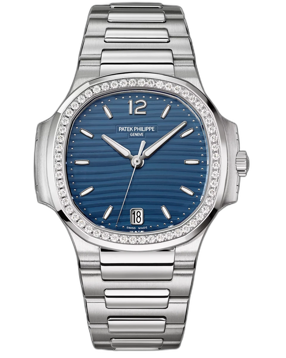 百达翡丽 Nautilus 7118/1200A-001 蓝色蛋白石索引表盘镶钻表圈不锈钢 35 毫米蓝色表盘女式手表