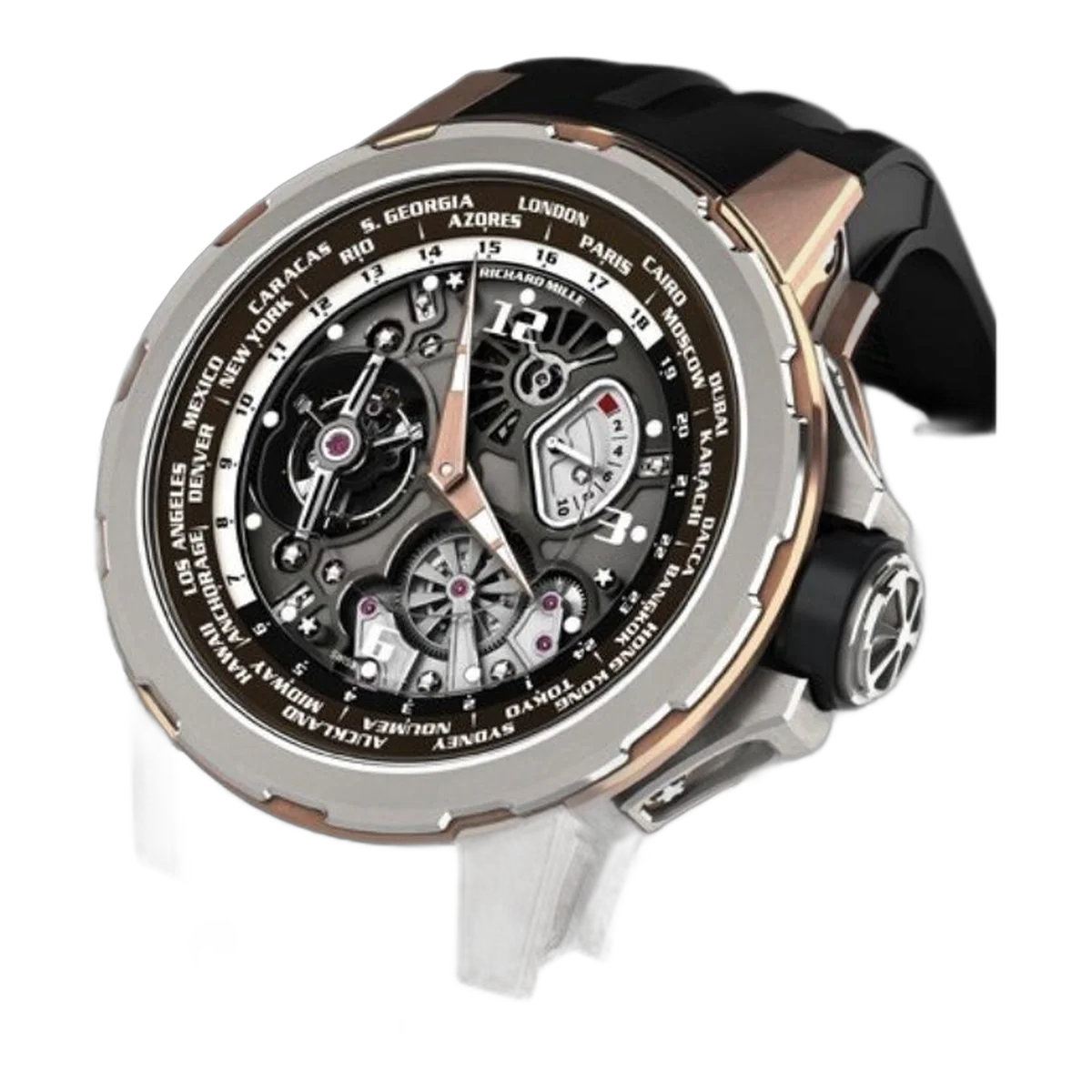 Richard Mille Rm 58-01 Manual Winding Tourbillon Worldtimer Jean Todt 50Mm Rose Gold Black Rubber Straps Men's Watch