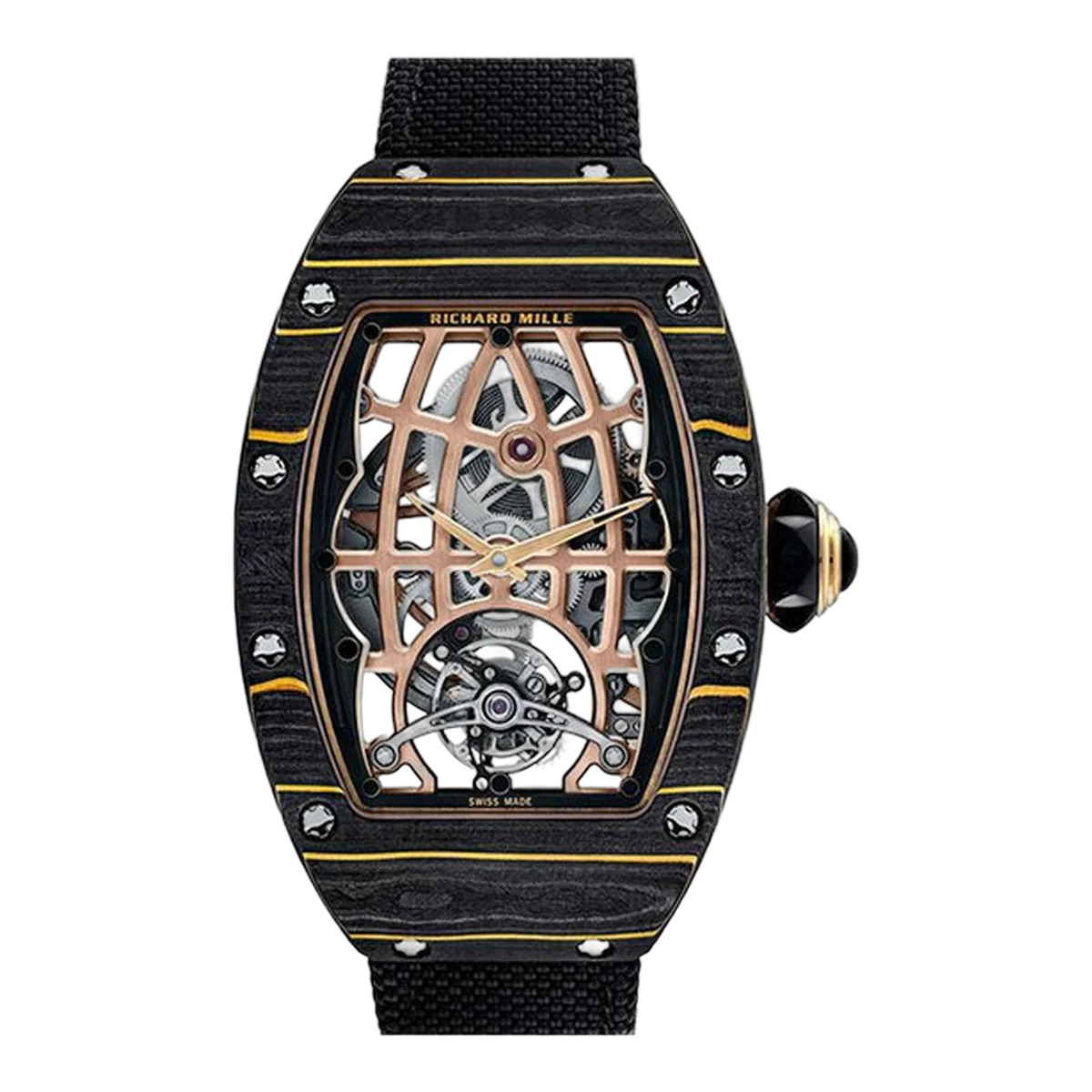 Richard Mille Rm 74-02 Automatic Winding Tourbillon 34.40Mm 3N Gold Carbon Tpt Black Fabric Strap Ladies Watch