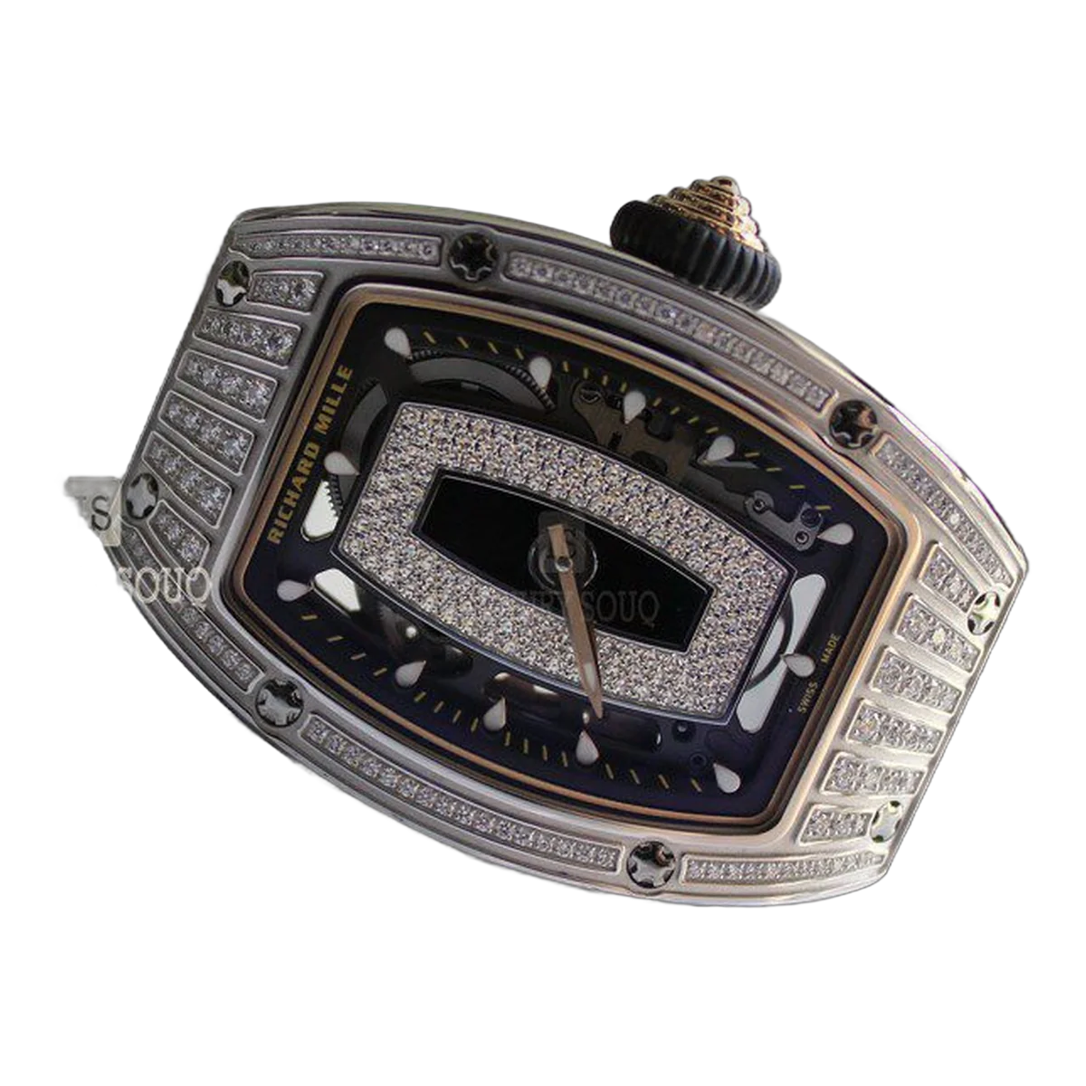 Richard Mille Rm07-01 Wg Onyx & Diamond Set Dial Diamond Paved Bezel 31.4Mm 18K White Gold Black Rubber Straps Ladies Watch