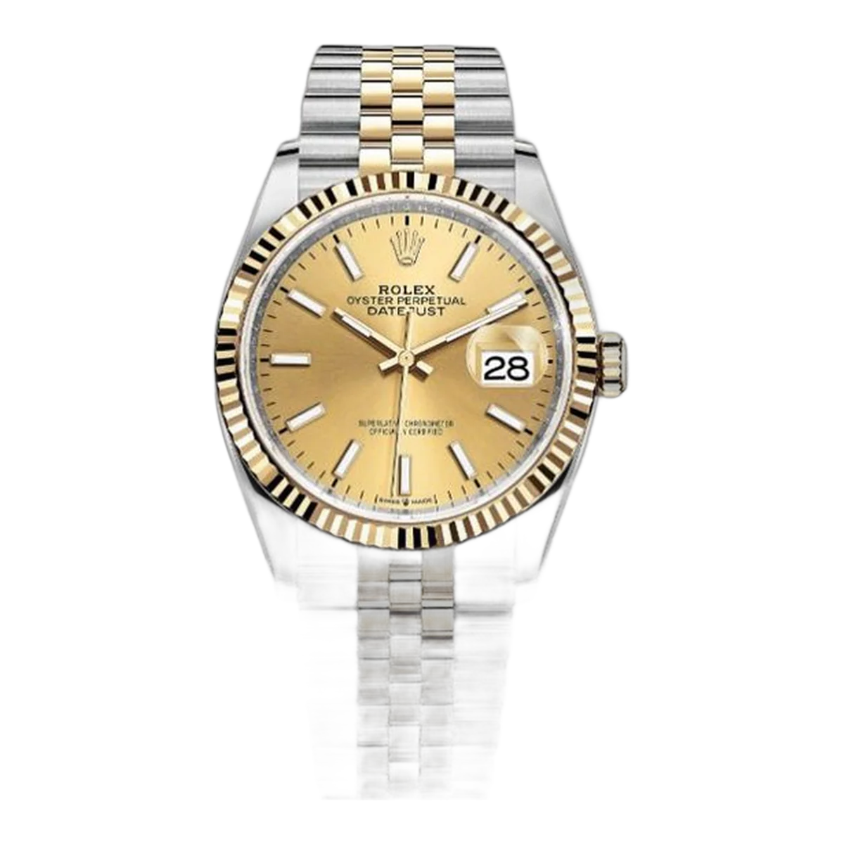 Rolex Datejust 126233-0015 Riffellünette Oystersteel Gelbgold 36mm Champagner Index Zifferblatt Damenuhr