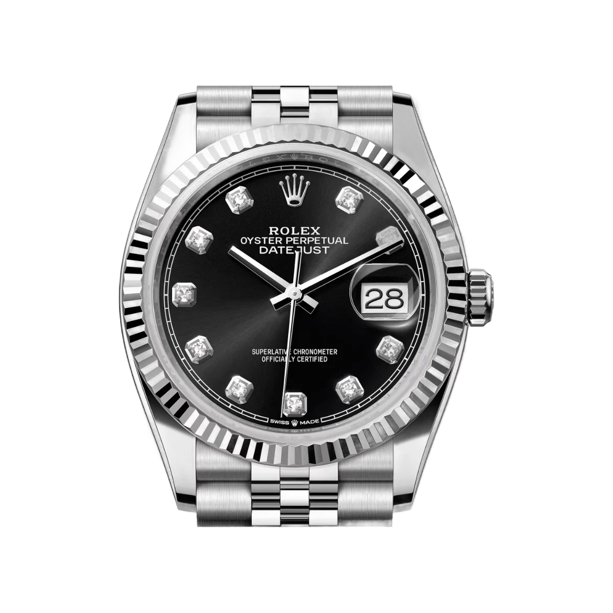 劳力士 Datejust 126234-0027 牡蛎钢白金钻石数字亮黑色表盘 36 毫米男女通用手表