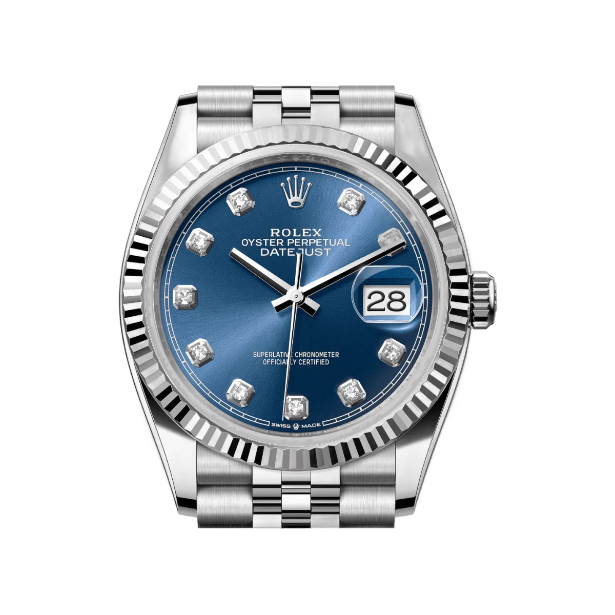 Rolex Datejust 126234-0037 Oystersteel White Gold Diamond Numerals Bright Blue Dial 36mm Unisex Watch