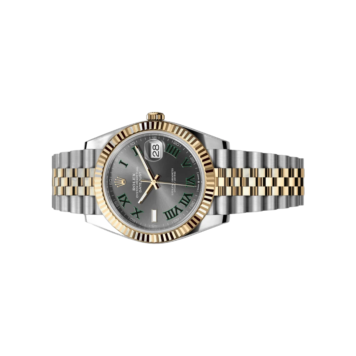 Rolex Datejust 126333-0020 Oystersteel geriffelte Lünette 41mm graues Zifferblatt mit grünen römischen Ziffern Herrenuhr