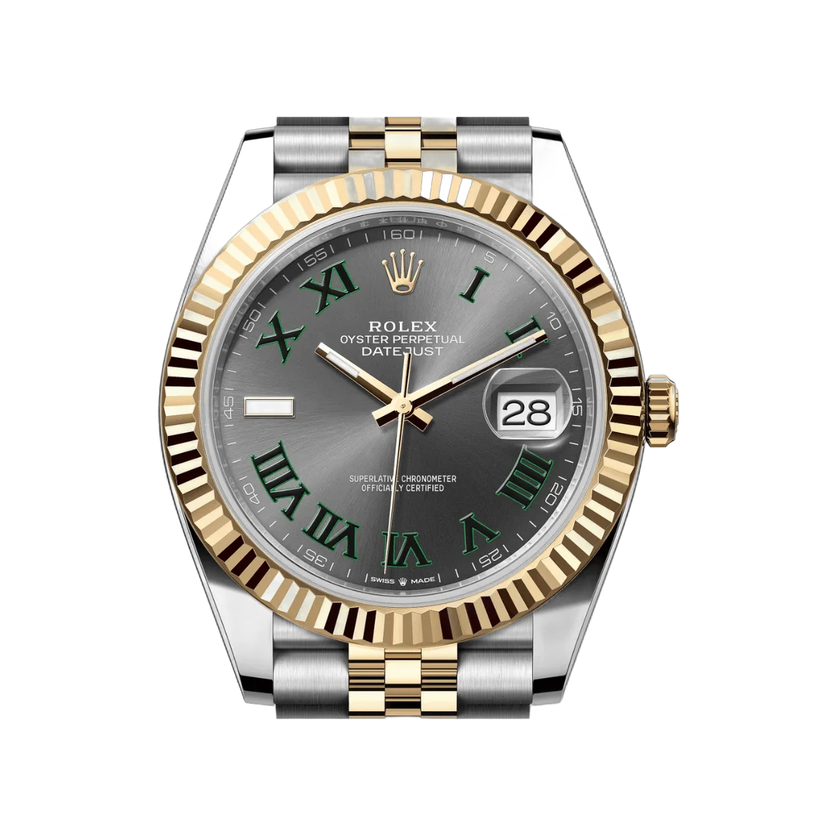 Rolex Datejust 126333-0020 Oystersteel geriffelte Lünette 41mm graues Zifferblatt mit grünen römischen Ziffern Herrenuhr