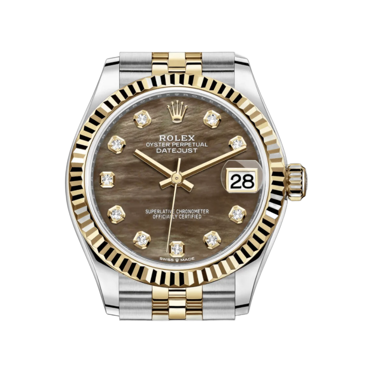 Rolex Datejust 278273 DKMDJ Dunkles 18 Karat Gelbgold und Stahl 31mm Perlmutt Diamanten Zifferblatt Damenuhr