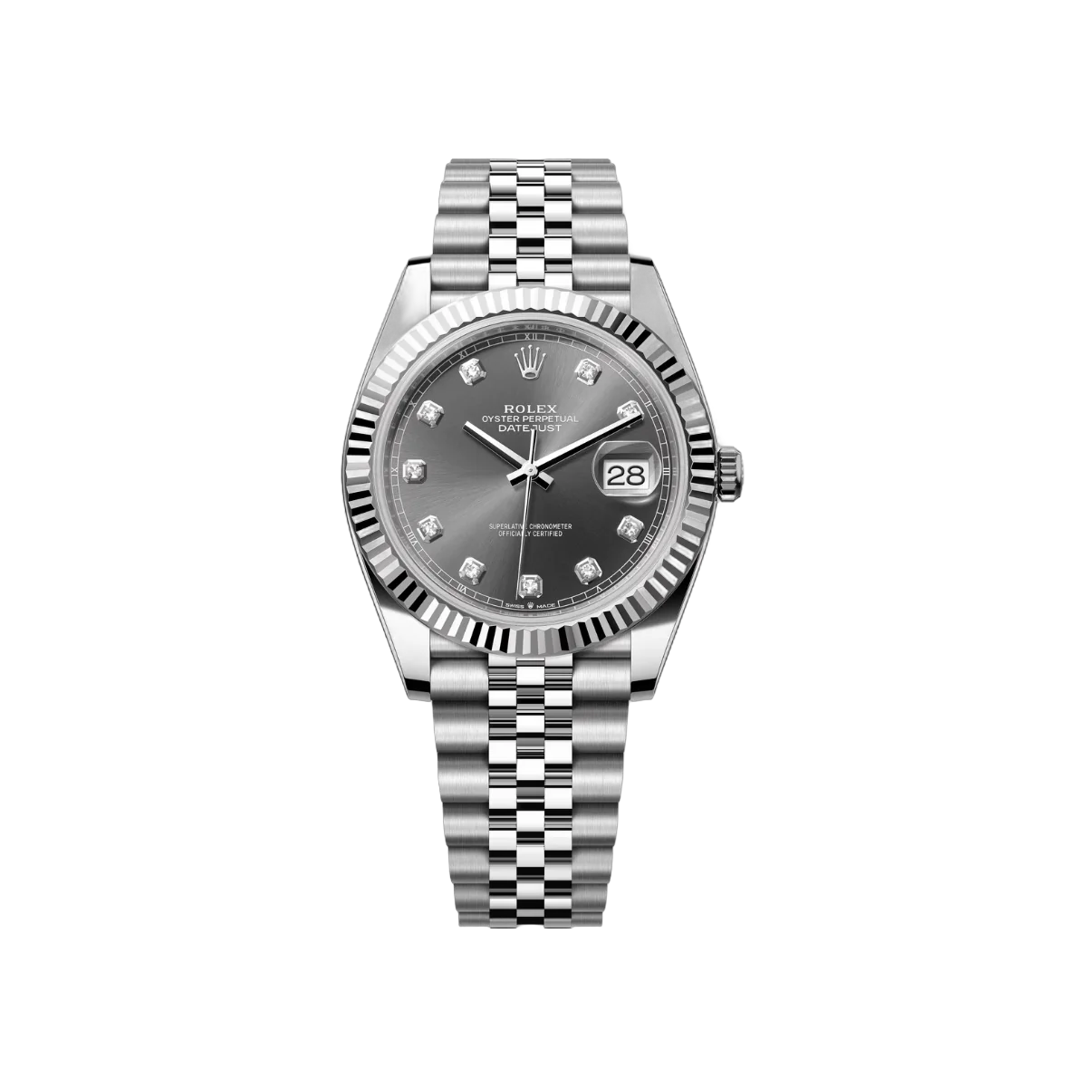 Rolex Datejust m126334-0006 ساعة رجالية 41 ملم من الذهب الأبيض أويستر ستيل بمينا رمادي مرصع بالألماس
