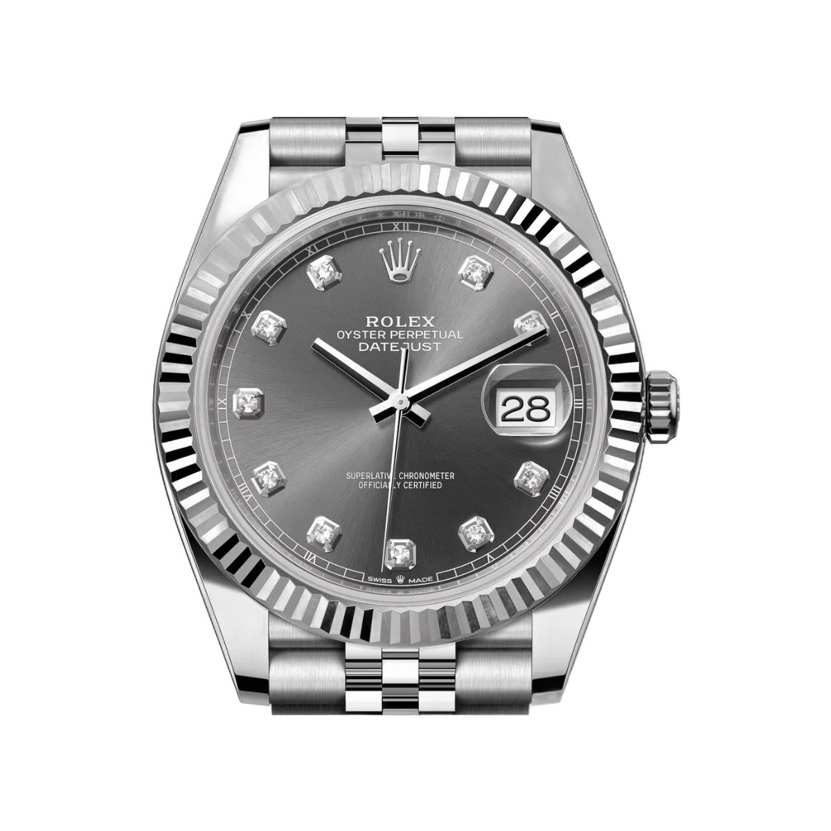 Rolex Datejust m126334-0006 ساعة رجالية 41 ملم من الذهب الأبيض أويستر ستيل بمينا رمادي مرصع بالألماس