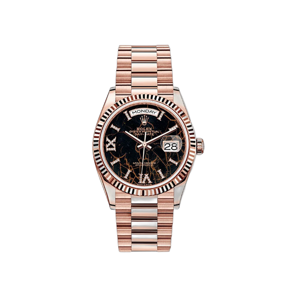 Rolex Day-Date 128235 EDR69P Rose Gold 36mm Brown Eisenkiesel Diamond Dial Ladies Watch