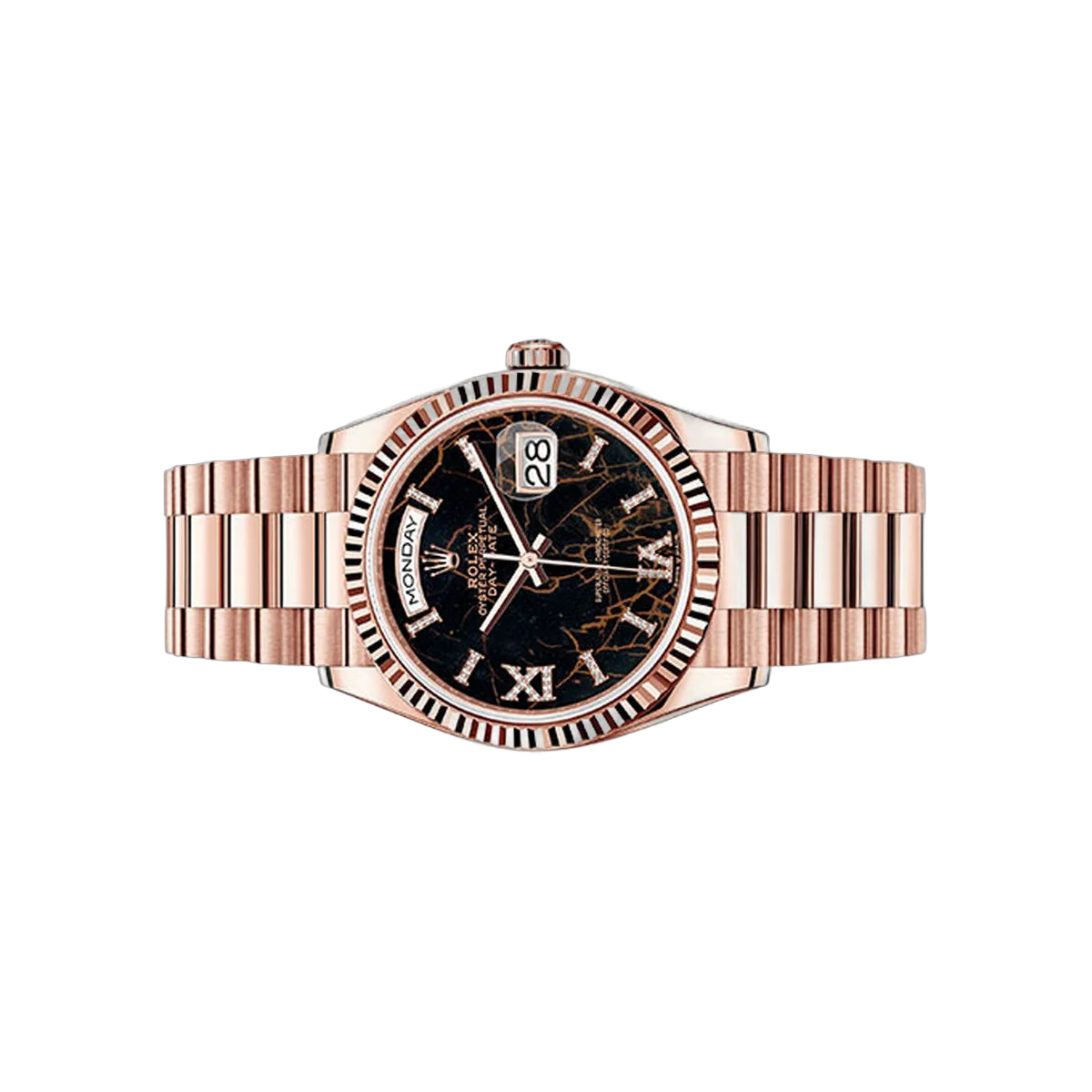 Rolex Day-Date 128235 EDR69P Rose Gold 36mm Brown Eisenkiesel Diamond Dial Ladies Watch